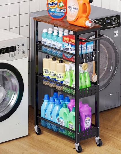 Utility Slim Rolling Cart with Table Top, Narrow Laundry Room Organization and Storage Shelves for Between Washer and