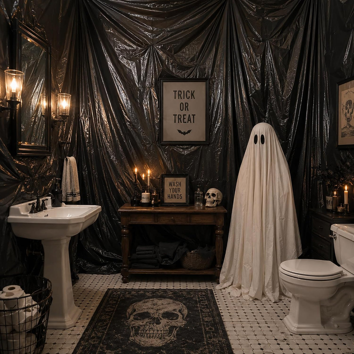 49 x 10 Ft Halloween Black Plastic Sheeting, Spooky Backdrop Decoration Kit