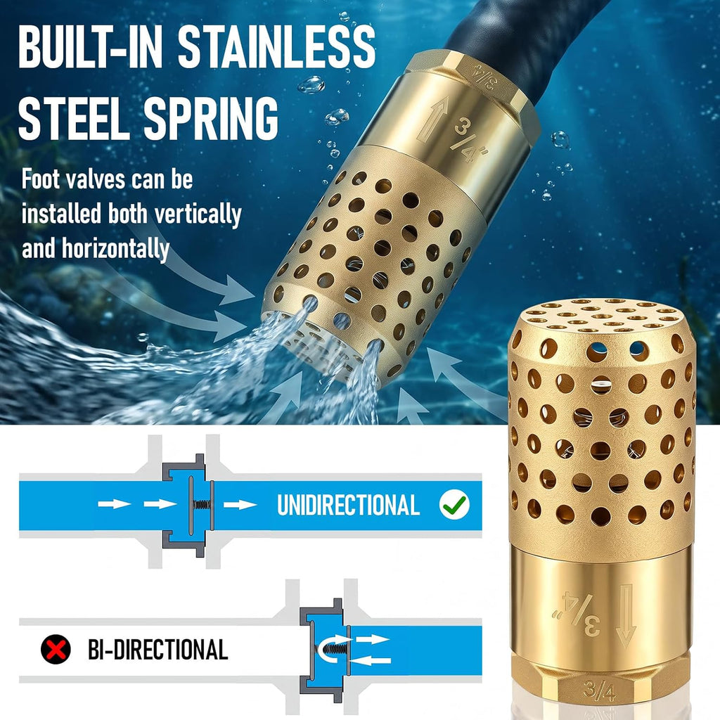 Hicarer 3/4" NPT Brass Foot Valve with Mesh Strainer One Way Check Valve