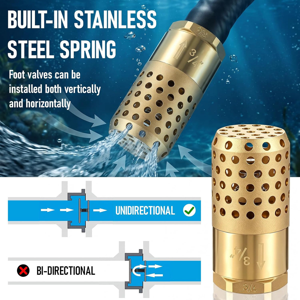 Hicarer 3/4" NPT Brass Foot Valve with Mesh Strainer One Way Check Valve