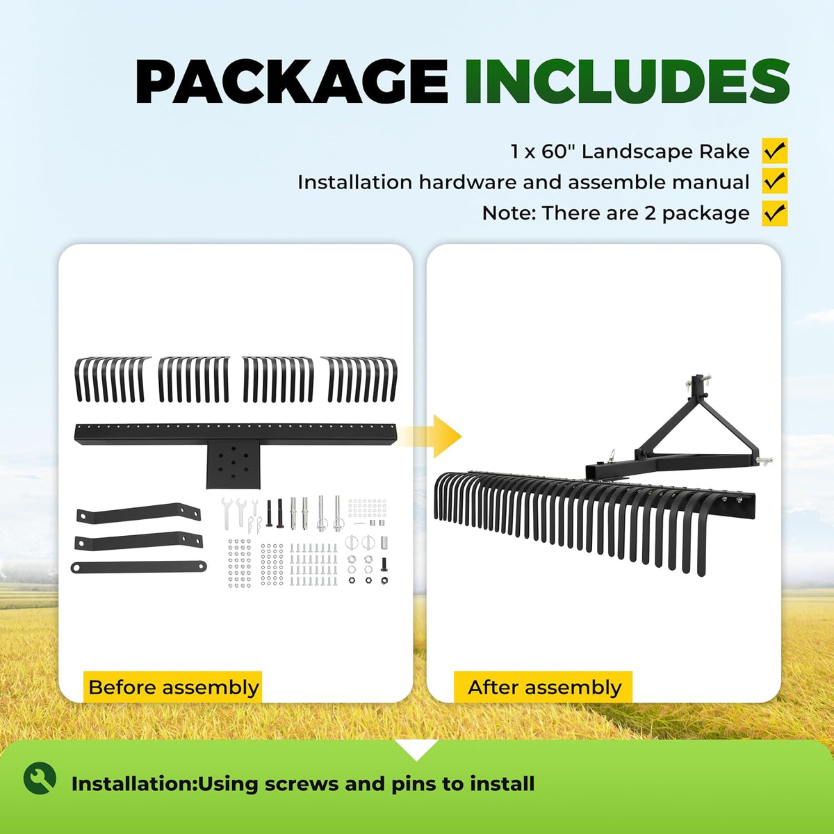 Landscape Rake 3 Point 360 Rotation 60 Inch Compatible with Category 1 Compact Tractors Tow Behind Garden Tool Black