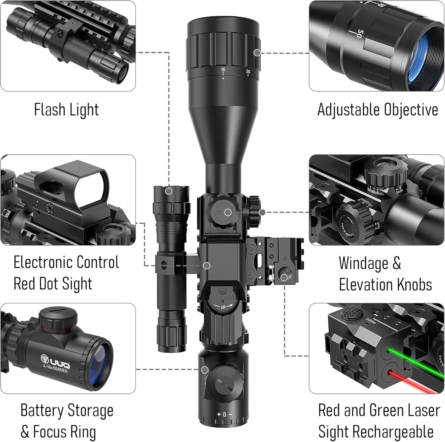 4-12&16X50 AO Rifle Scope Red/Green Illuminated Range Finder Reticle W/Green Laser - Holographic Reflex Red Dot Sight