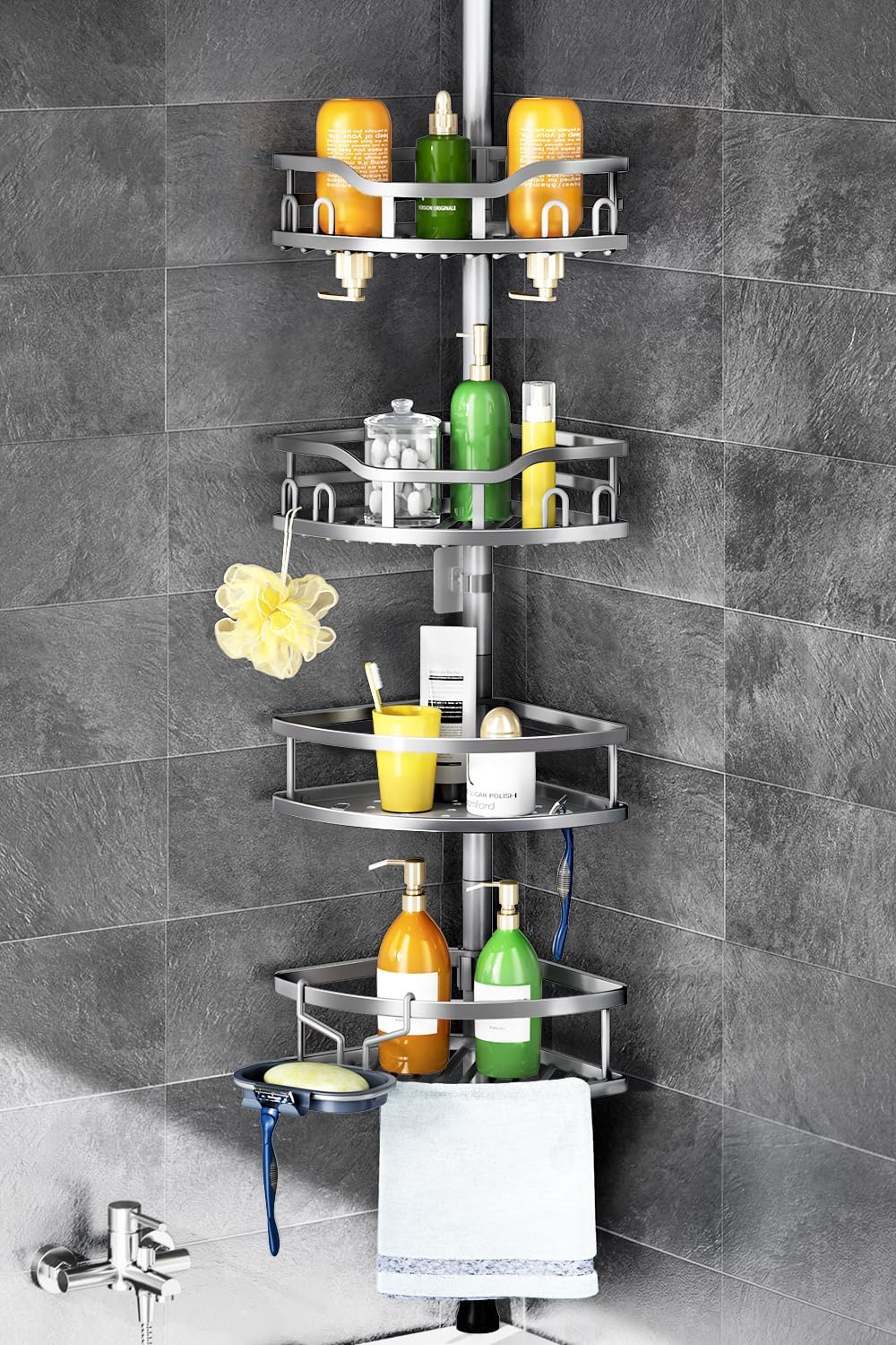 Corner Shower Caddy Tension Pole: Rustproof 4-Tier Bathroom Organizer Shelves for Bathtub Shampoo Storage - 47-121