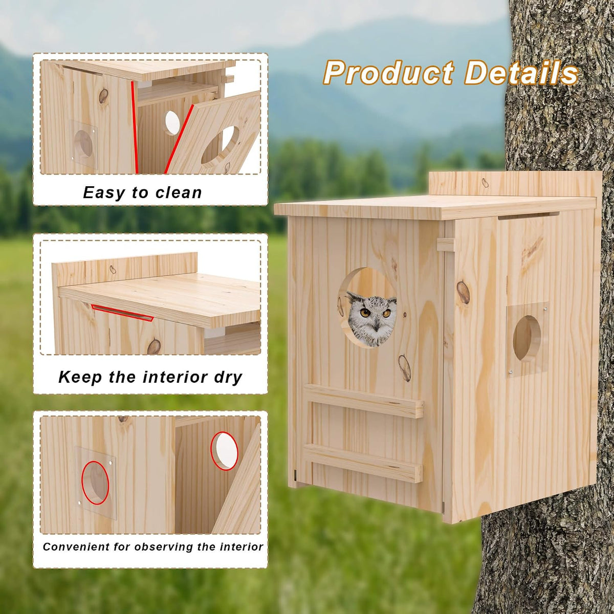 Solar-Powered Smart Owl House with Camera - Outdoor Hanging Wooden Nesting Box, Real-Time View & Motion Detection