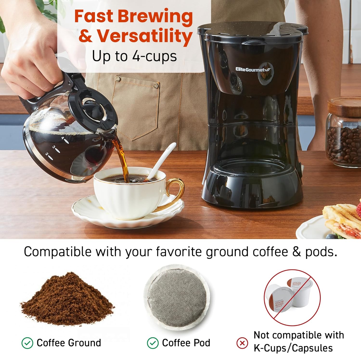 EHC4128 Automatic 4-Cup Drip Coffee Maker, Black | Glass carafe, Pause N Serve, reusable filter, On/Off switch, and