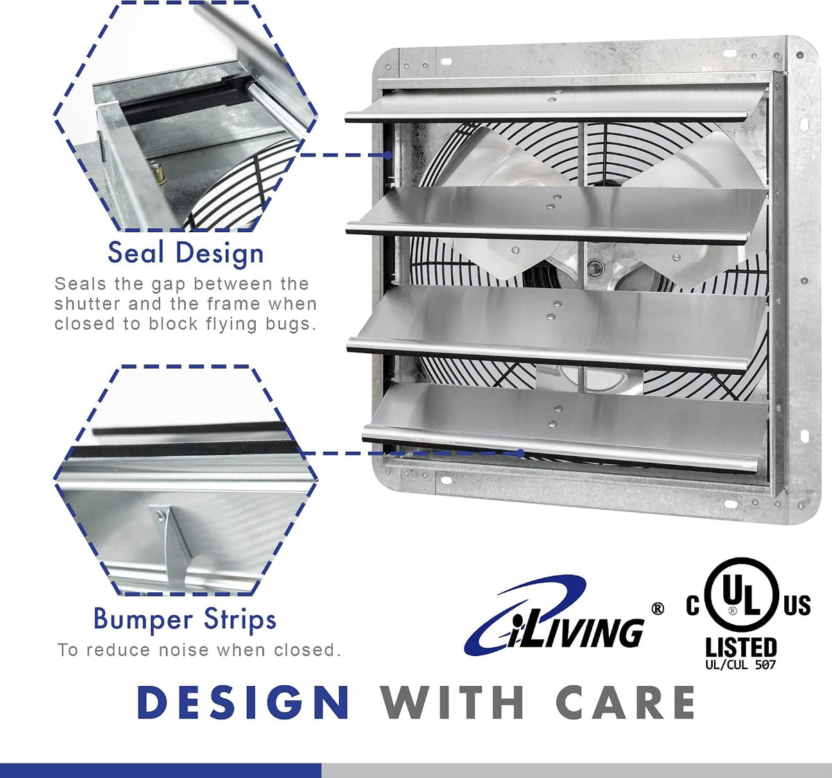 iLIVING 16" Wall Mounted Shutter Exhaust Fan, Automatic Shutter, with Thermostat and Variable Speed controller, 0.85A, 1200 CFM, 1800 SQF Coverage Area Silver (ILG8SF16V-ST)