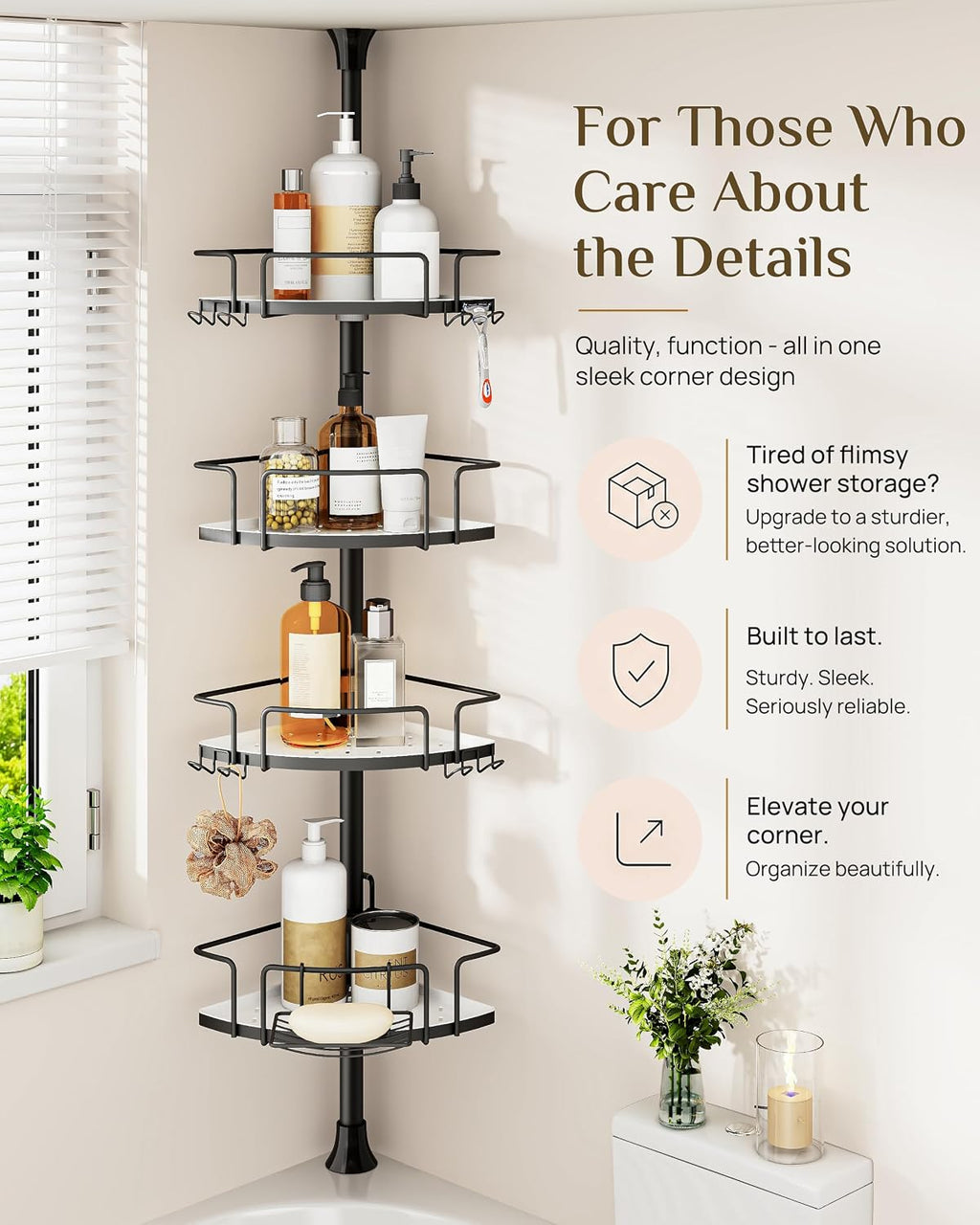 Corner Shower Caddy Tension Pole, 4 Hang-On Basket with Mixed-Height Shelves for Various Bottle Sizes, Extra Hooks &