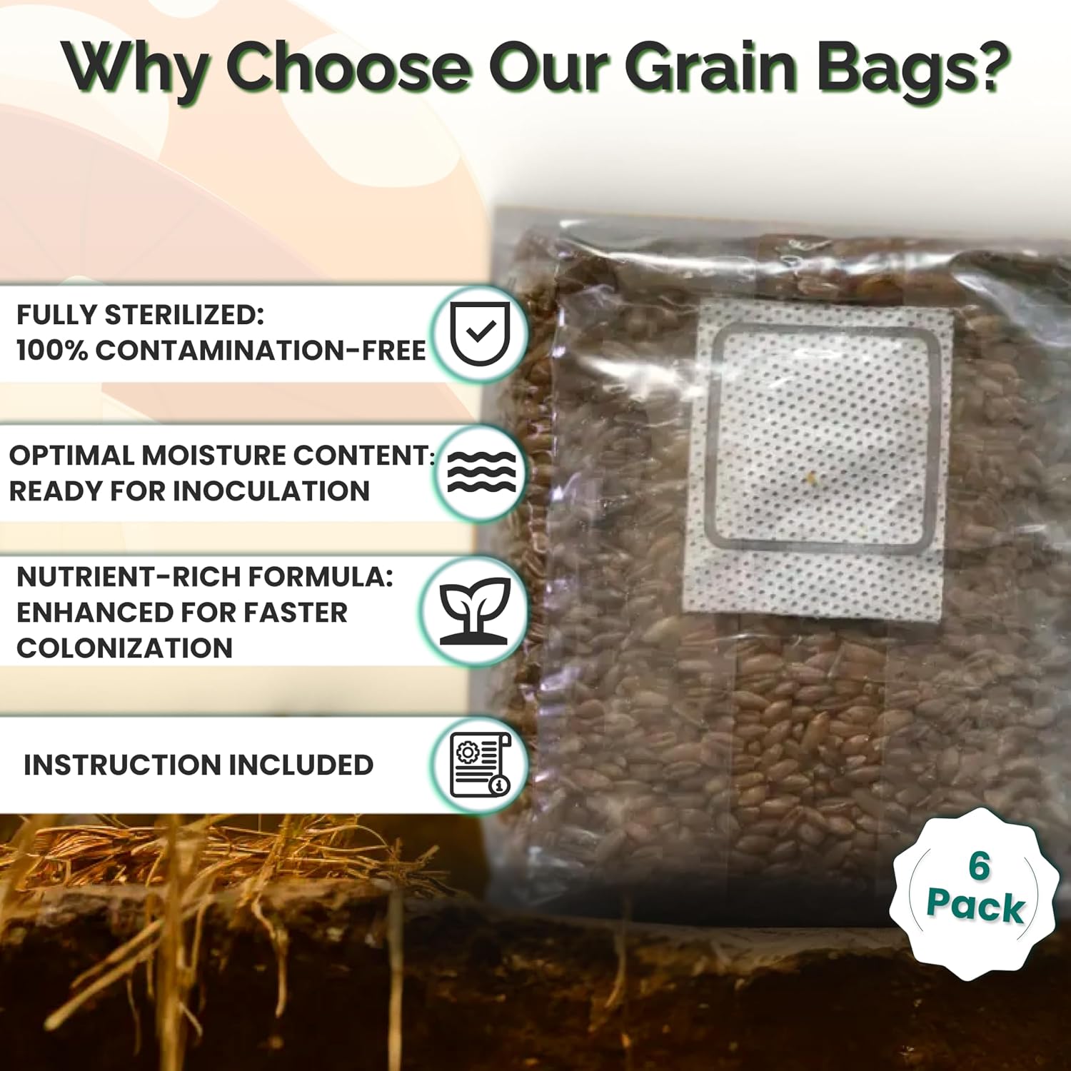 Mushroom Growing Kit with Injection Ports | Sterilized Rye Grain | Magic Indoor Grow Bags for Mushrooms | Home