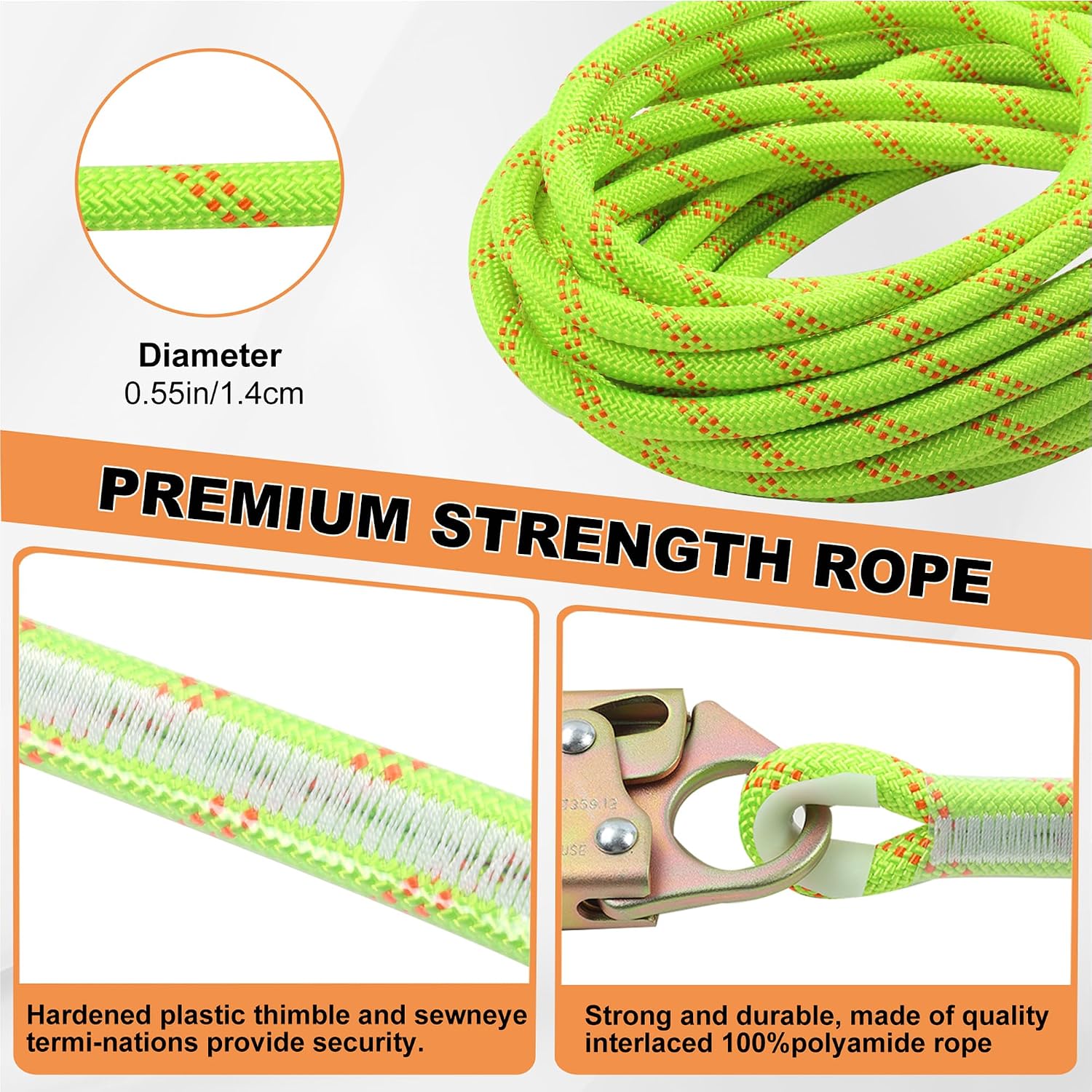 Rope Harness Safety Lanyard 50FT Fall Protection Vertical Roofing Rope | 50FT Anti-fall Safety Rope with Grab Snap