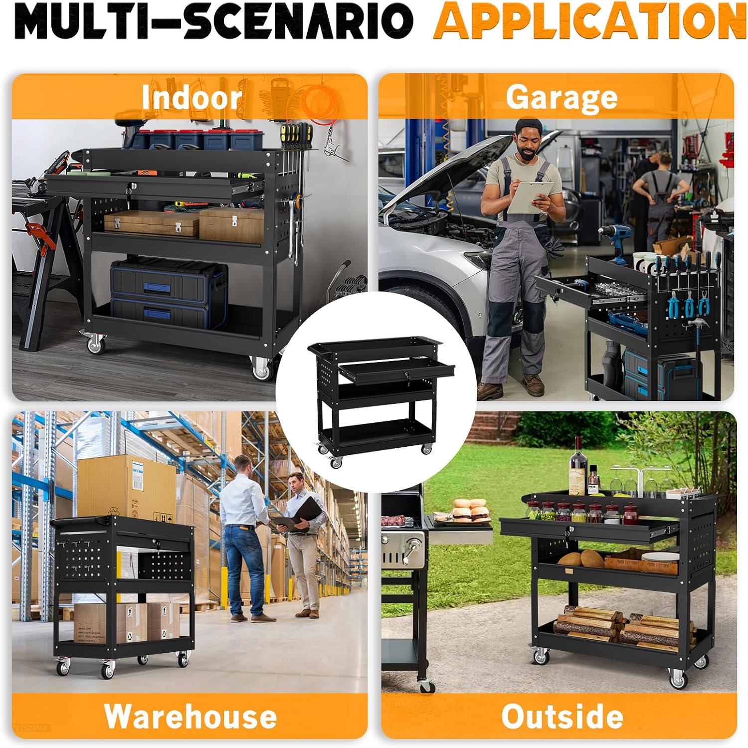 3 Tier Tool Cart on Wheels with Drawers - Three Tier Rolling Cart with Lockable Storage - Mechanic Tool Chest - Tool