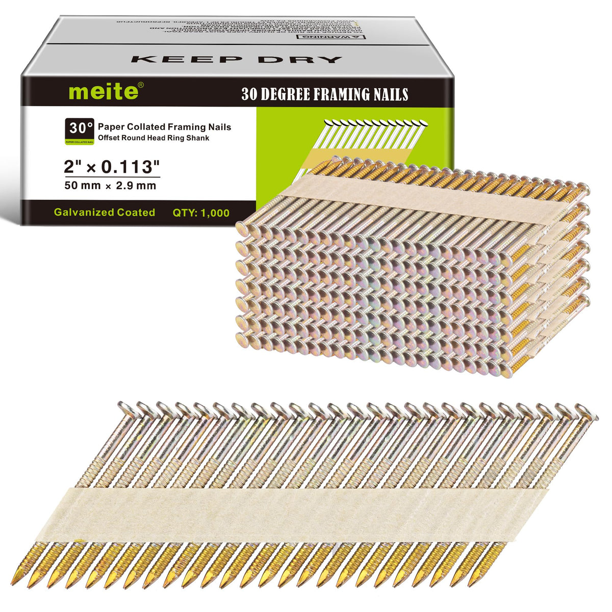 30 Degree Framing Nails 2 Inch Ring Shank Galvanized 1,000PCS