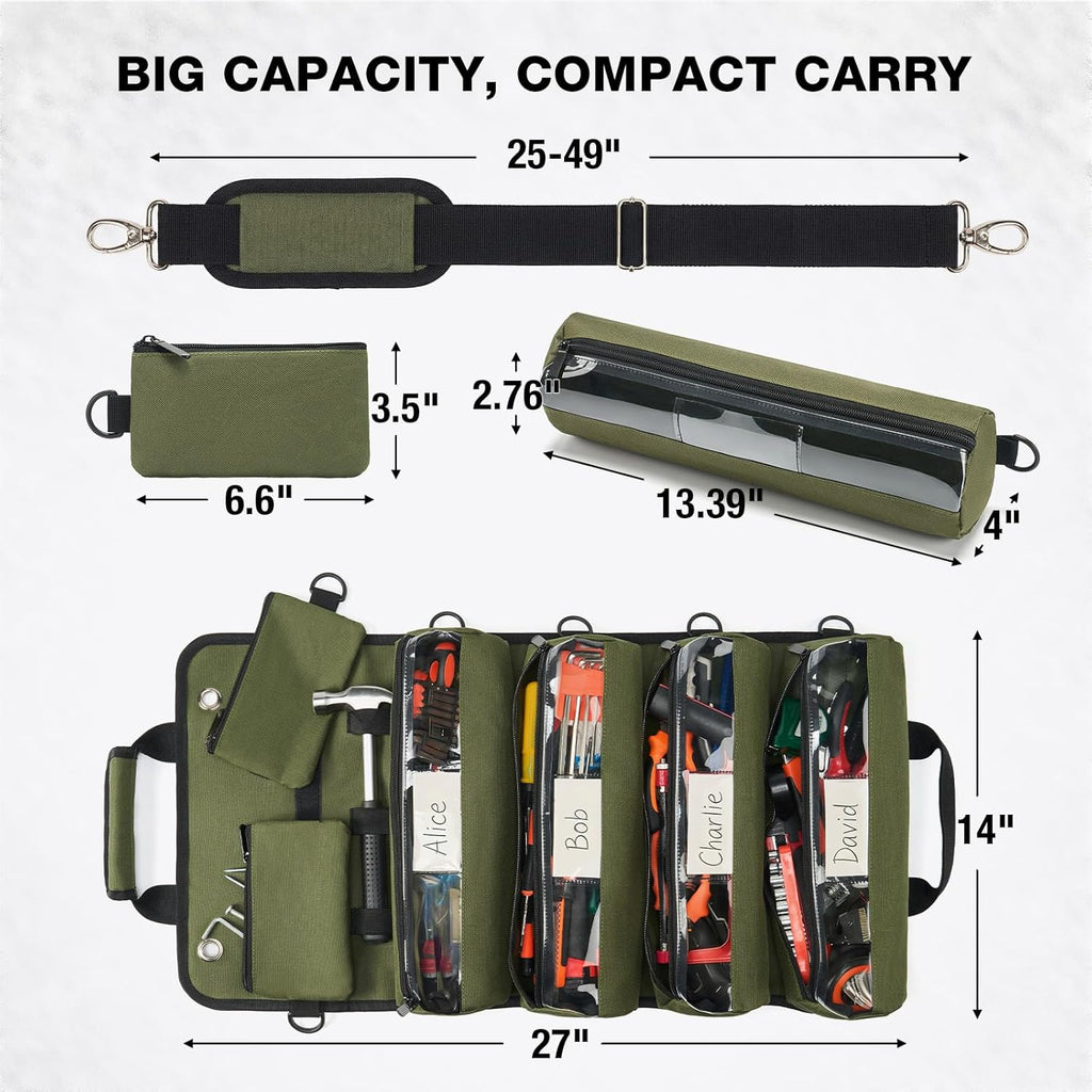 Roll Up Tool Bag, Heavy Duty Tool Storage Large-Capacity, 27"*14" Portable Tools Organizer with Utility Detachable