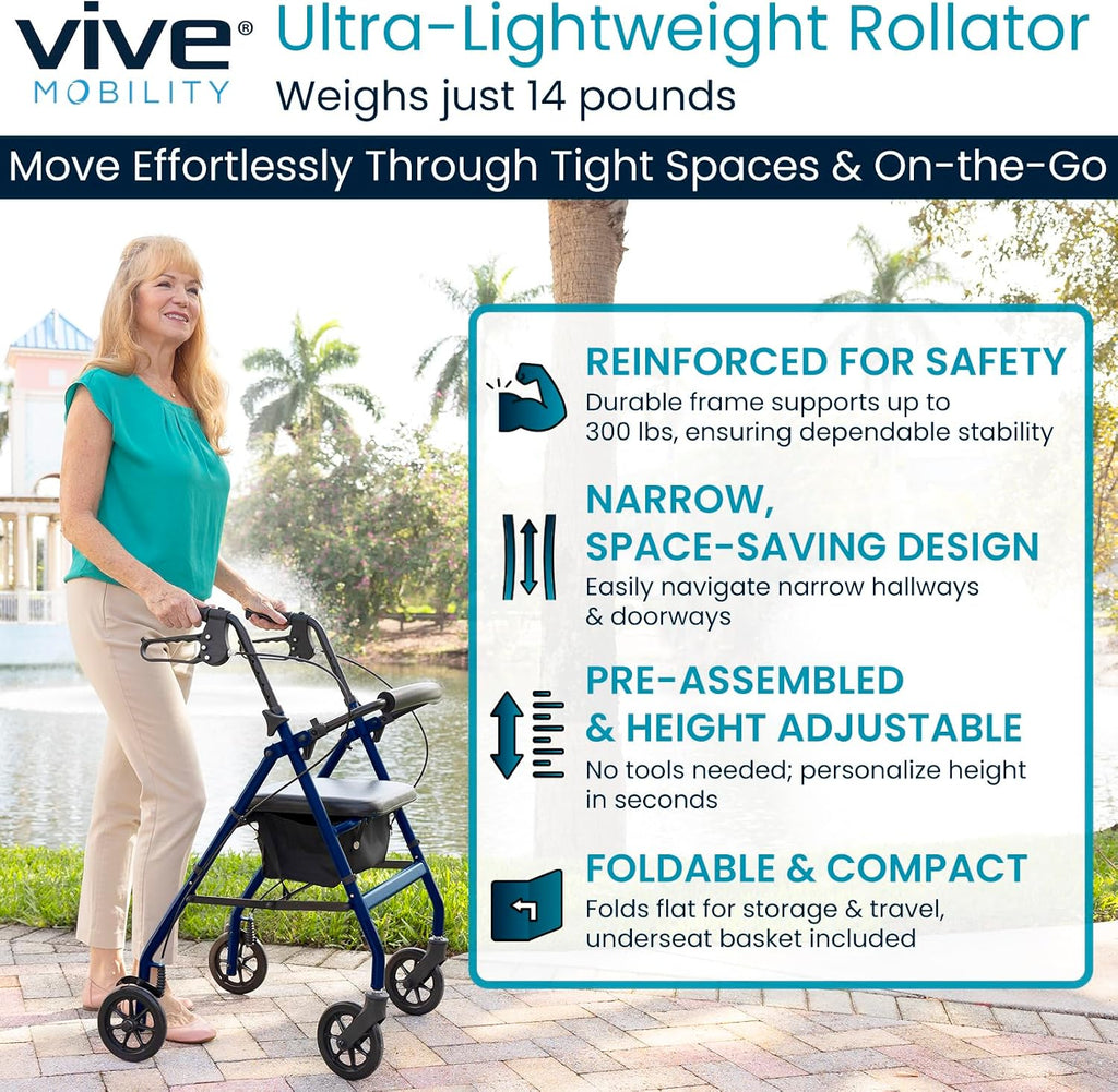 Vive Ultra Lightweight Rollator Walker with Seat - Foldable, Narrow, Rolling Senior Walker for Small Spaces - 4 Wheel