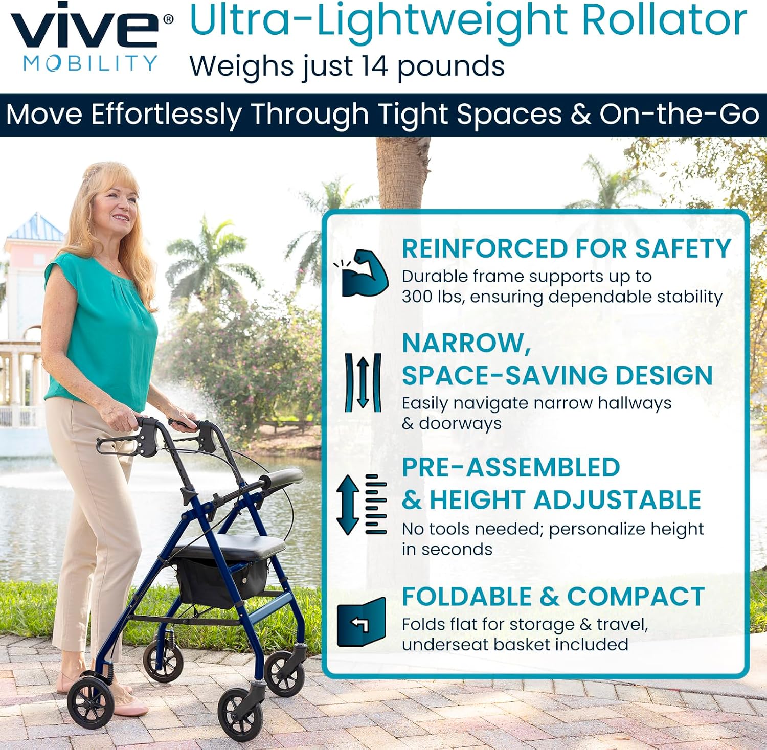 Vive Ultra Lightweight Rollator Walker with Seat - Foldable, Narrow, Rolling Senior Walker for Small Spaces - 4 Wheel