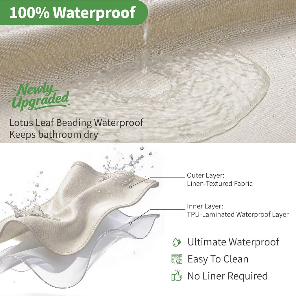 No Hooks & No Liner Needed Fabric Shower Curtain,71" Wx74 L,Cream | Linen Texture,100% Waterproof TPU Laminated