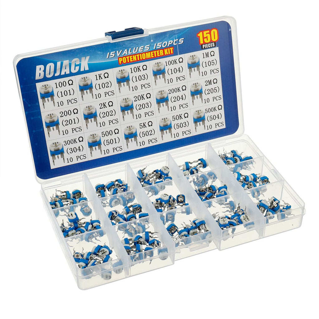 BOJACK 15 Values 150 pcs 100 Ohm- 2M Ohm Variable Resistor 6mm Potentiometer Assortment Kit packag in a Clear Plastic Box