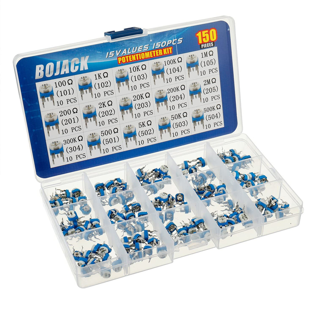 BOJACK 15 Values 150 pcs 100 Ohm- 2M Ohm Variable Resistor 6mm Potentiometer Assortment Kit packag in a Clear Plastic Box