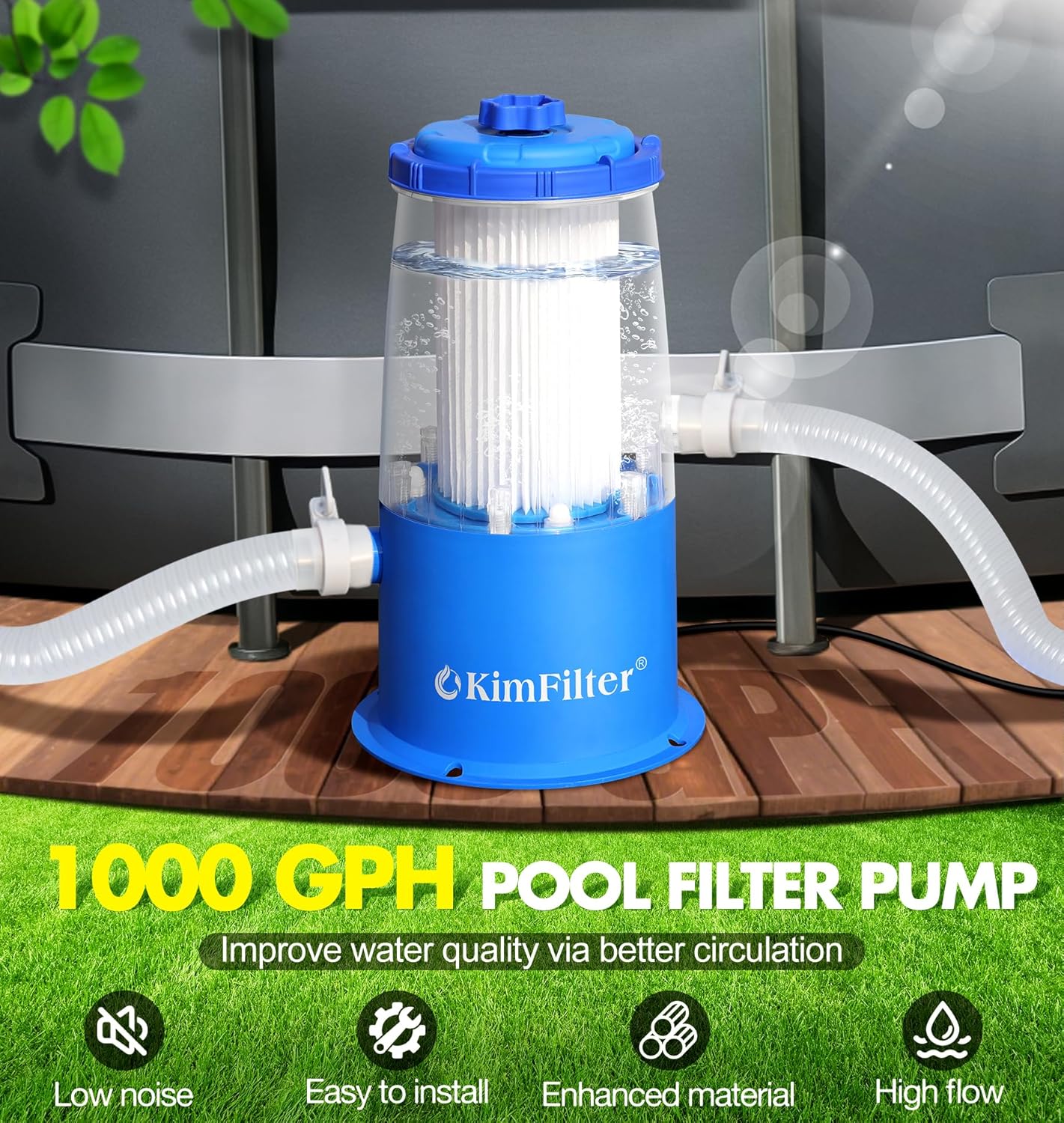 Transparent 1000 GPH Above Ground Pool Filter Pump – Easy Cartridge Status Viewing | Powerful Pool Cartridge Filter