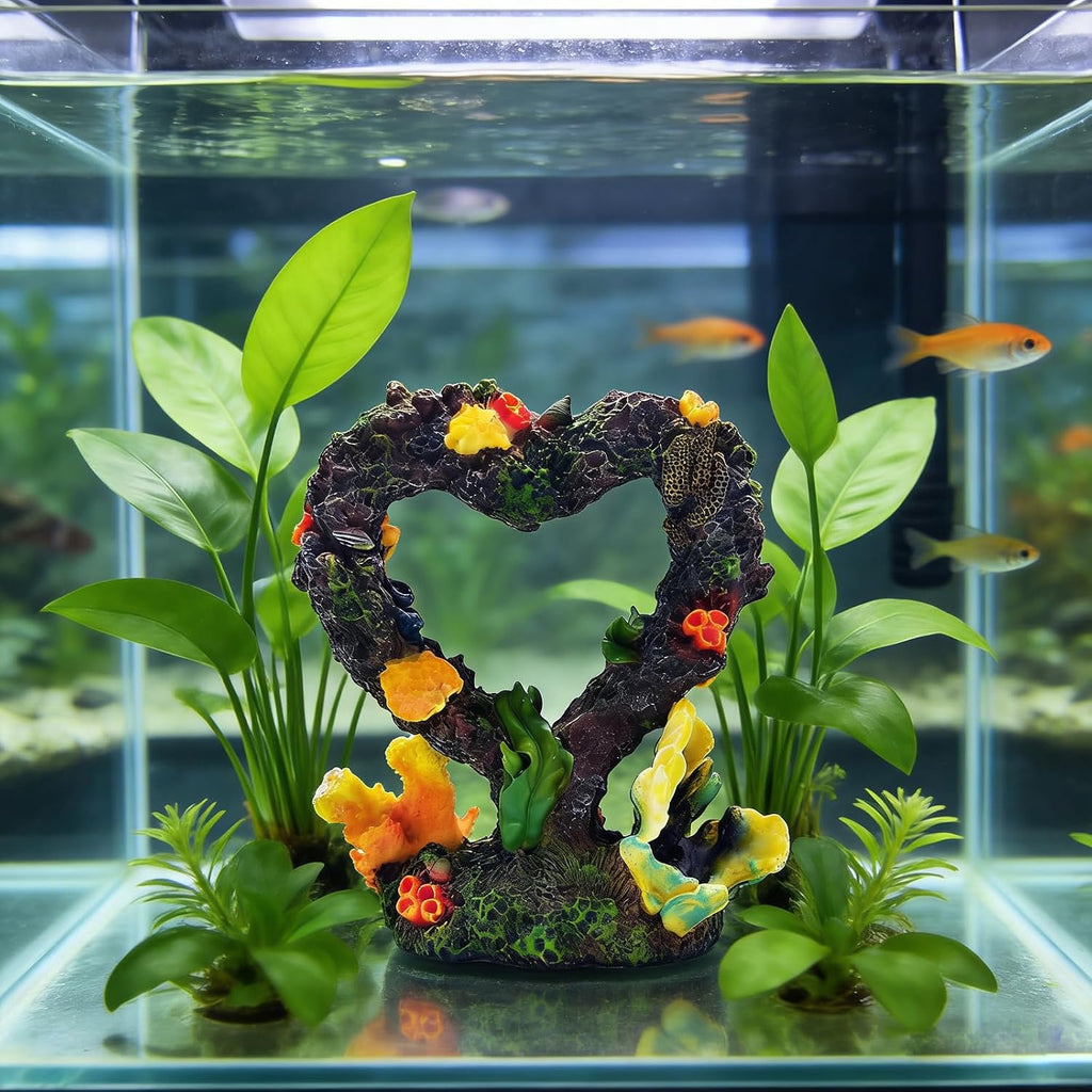 Heart Shaped Aquarium Coral Ornament, Resin Fish Tank Decoration
