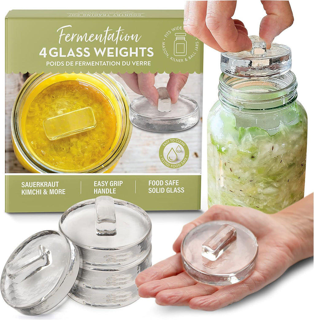 Glass Fermentation Weights for Wide Mouth Mason Jars — Set of 4, Easy Lift Handles — for Sauerkraut, Kimchi, Pickles