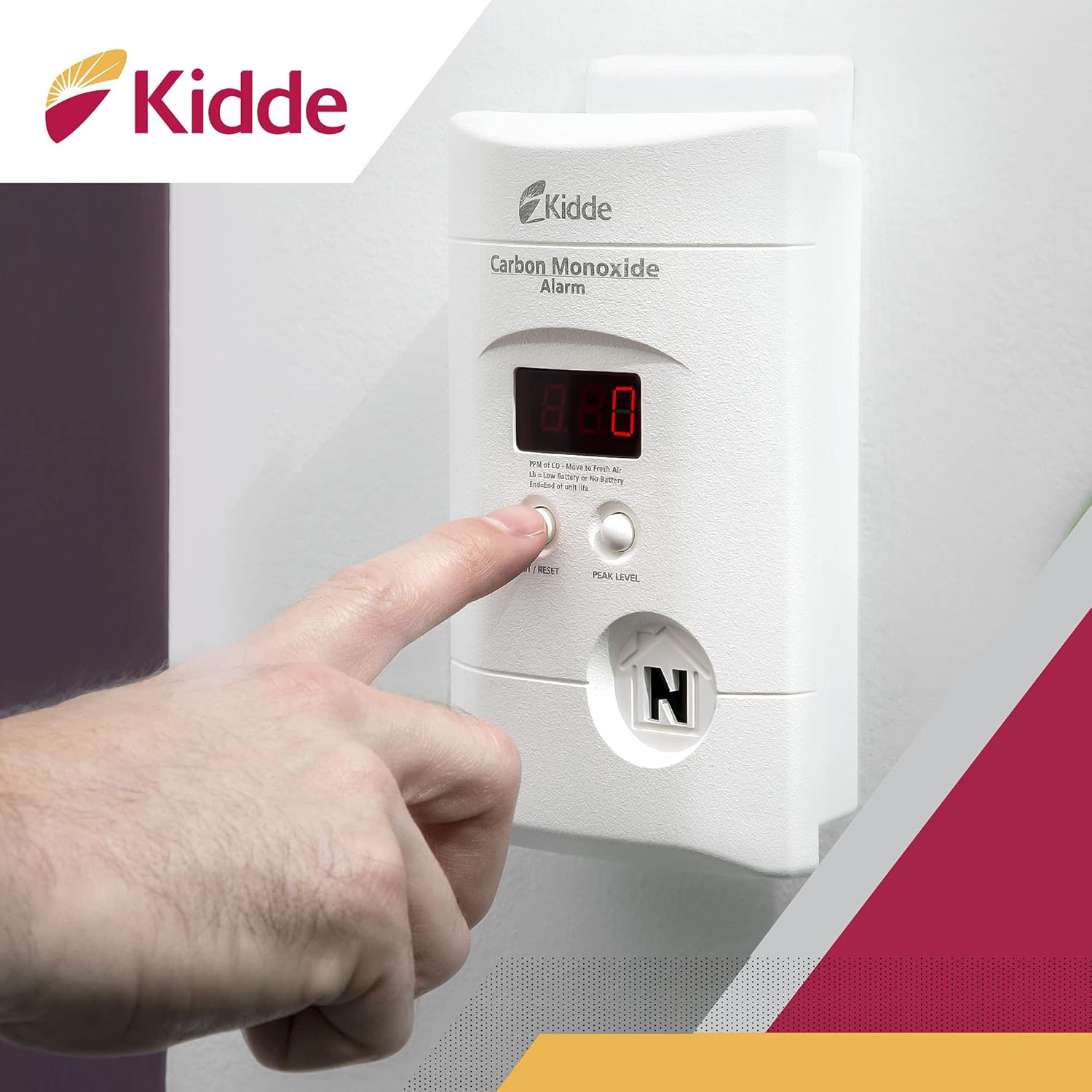 Carbon Monoxide Detector, Plug-In with 9V Battery Backup, Digital Display, 85 dB Alarm, LED Status Light Indicators