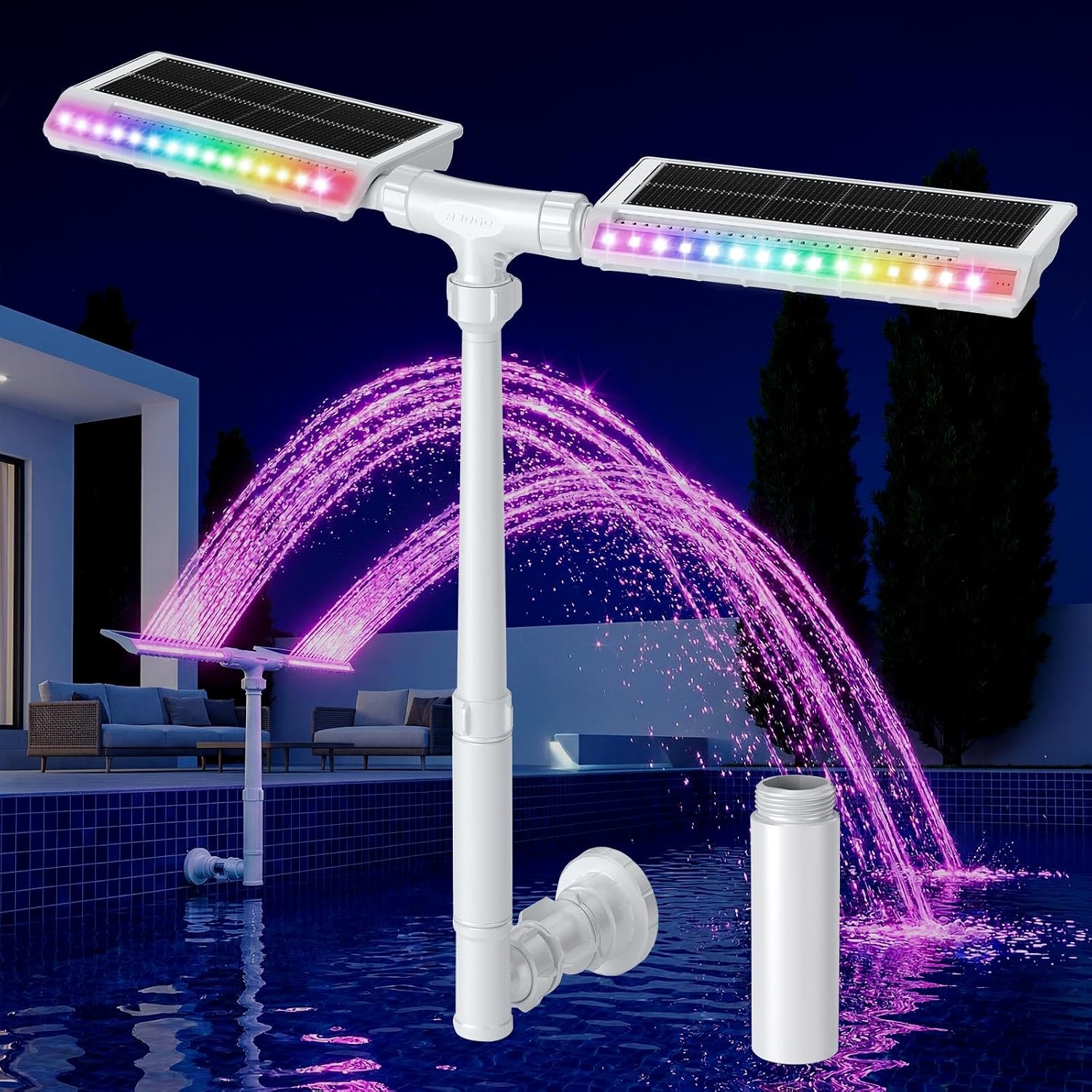 Solar Pool Fountain, 22'' Height Dual-Head Adjustable Spray, Auto Dusk Sensor & 6 Timer Option, Extended 8000mah