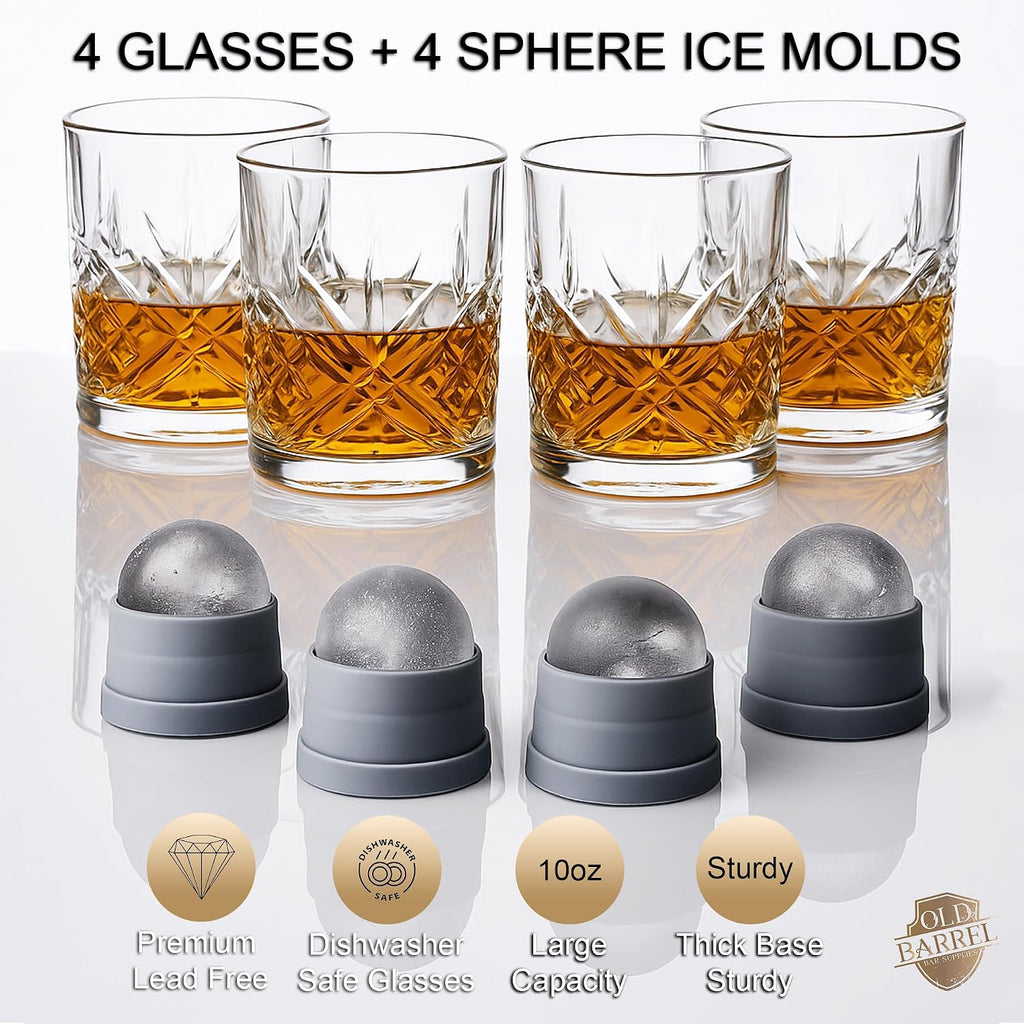 OLD BARREL Whiskey Glasses Set 4 Glasses 4 Molds 10oz Old Fashioned Gift