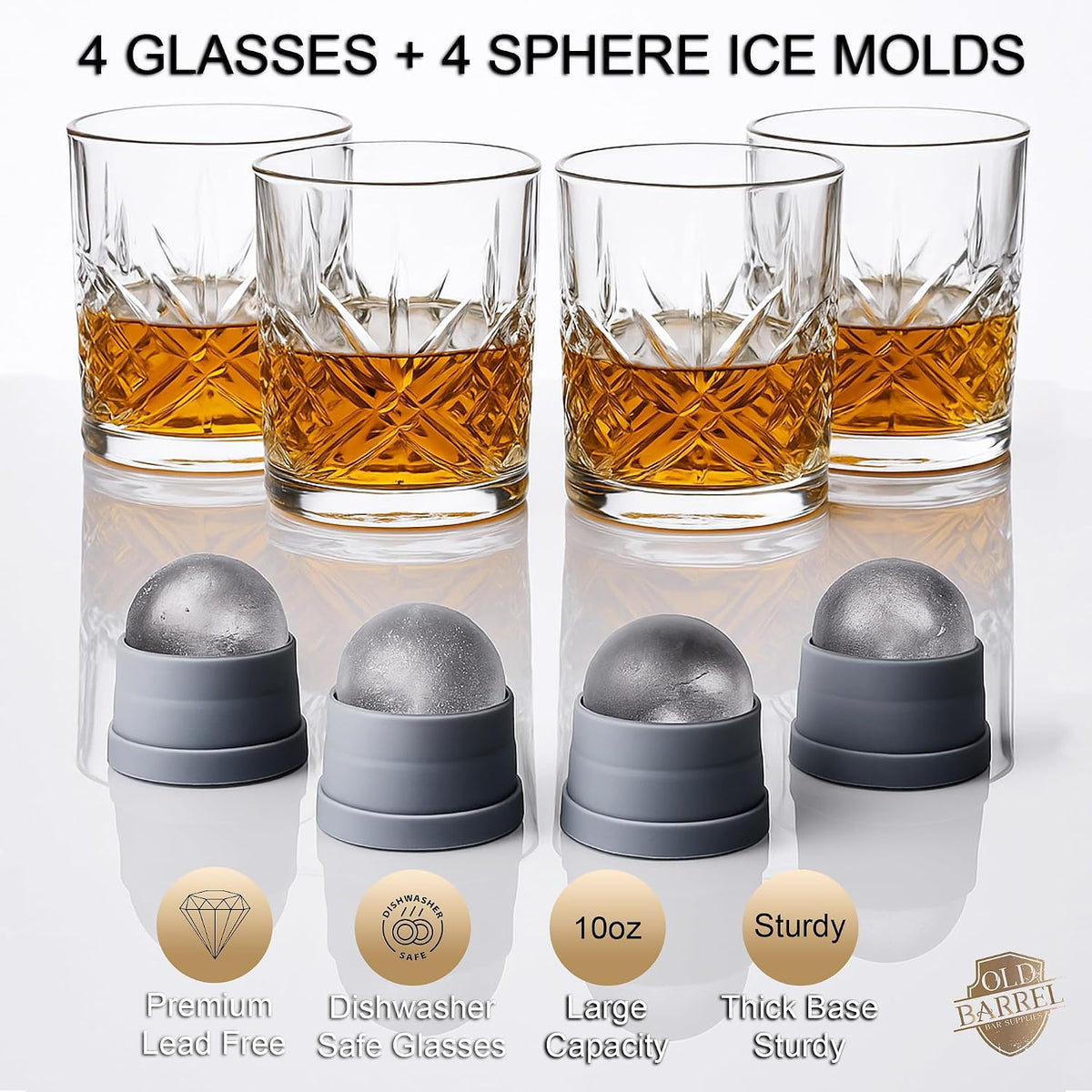 OLD BARREL Whiskey Glasses Set 4 Glasses 4 Molds 10oz Old Fashioned Gift
