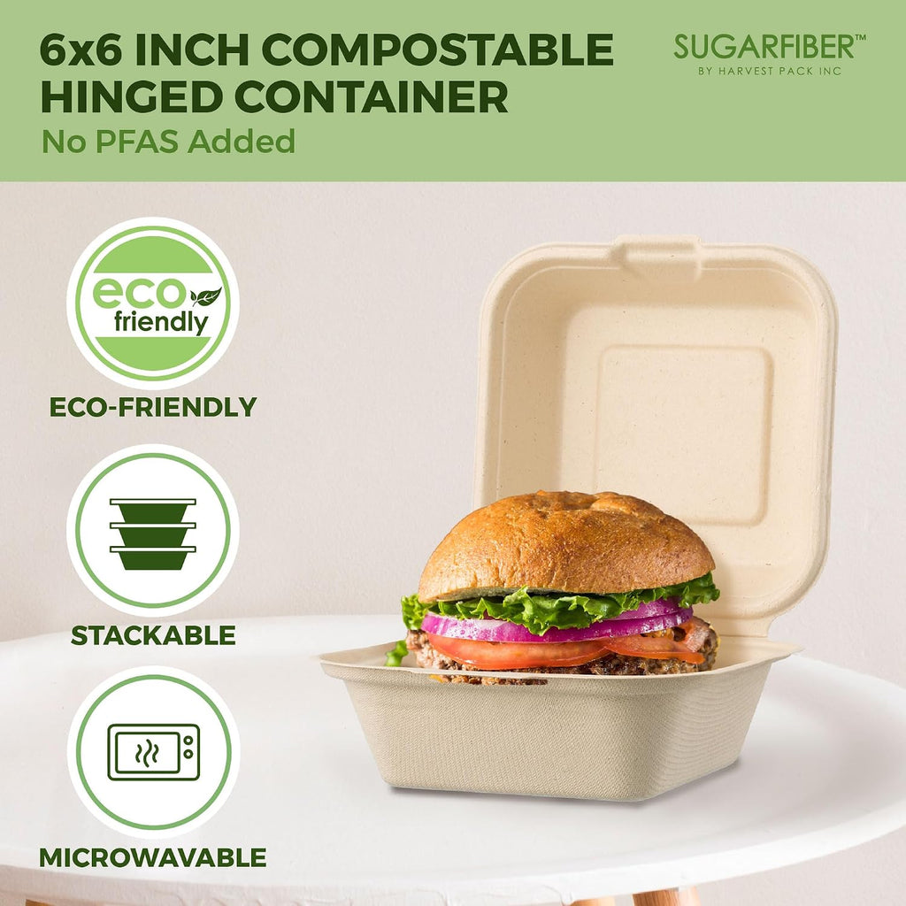 6X6 inch Compostable Nature Square Clamshell Take Out Food Containers togo