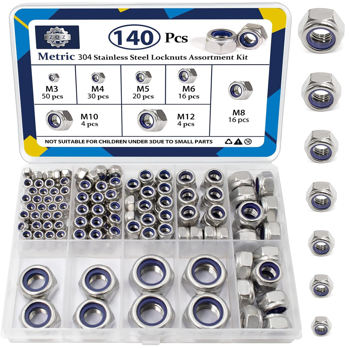 ZQZ 140 Pcs Metric Stainless Nylon Lock Nuts Assortment Kit; M3-M12 Locknut