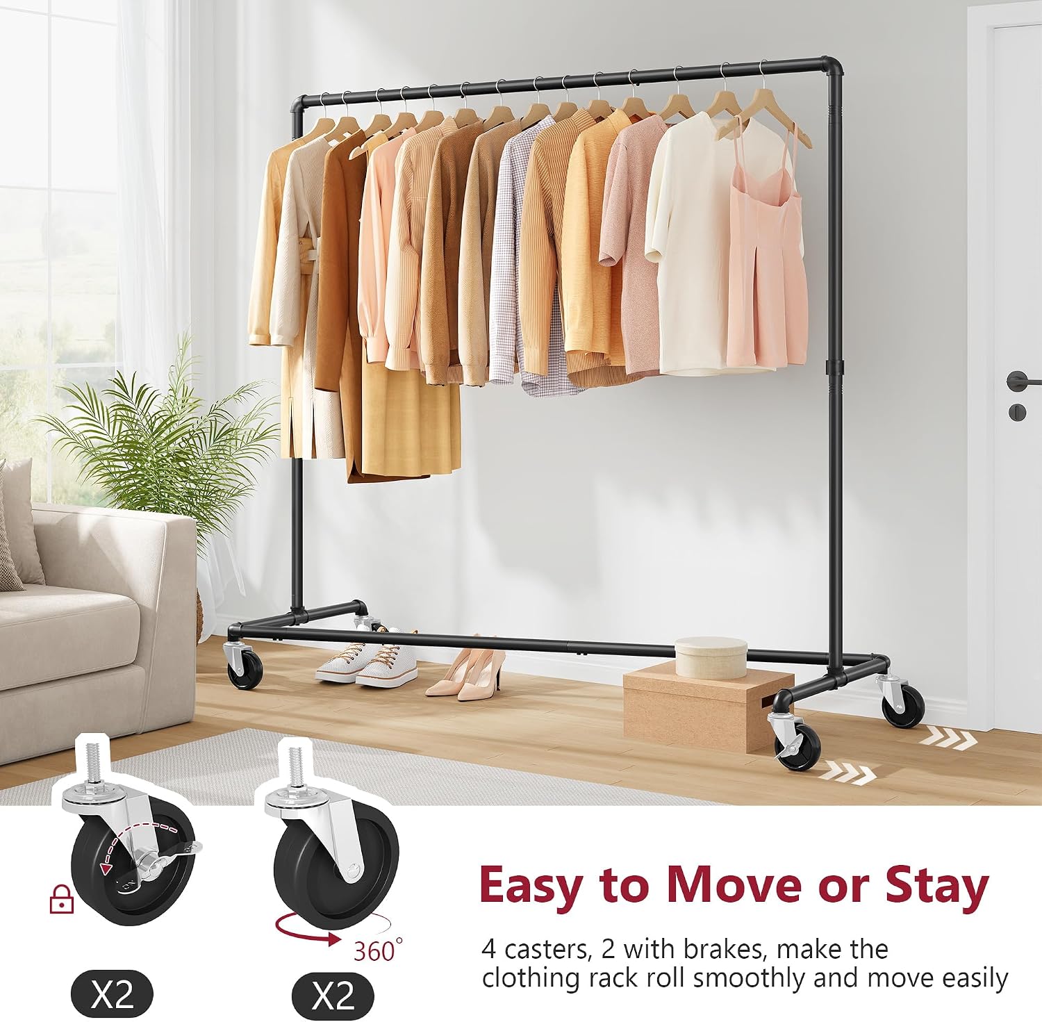 2 Packs Black Clothing Racks for Hanging Clothes Heavy Duty Z Racks | Industrial Clothing Rack with Wheels, Z Base