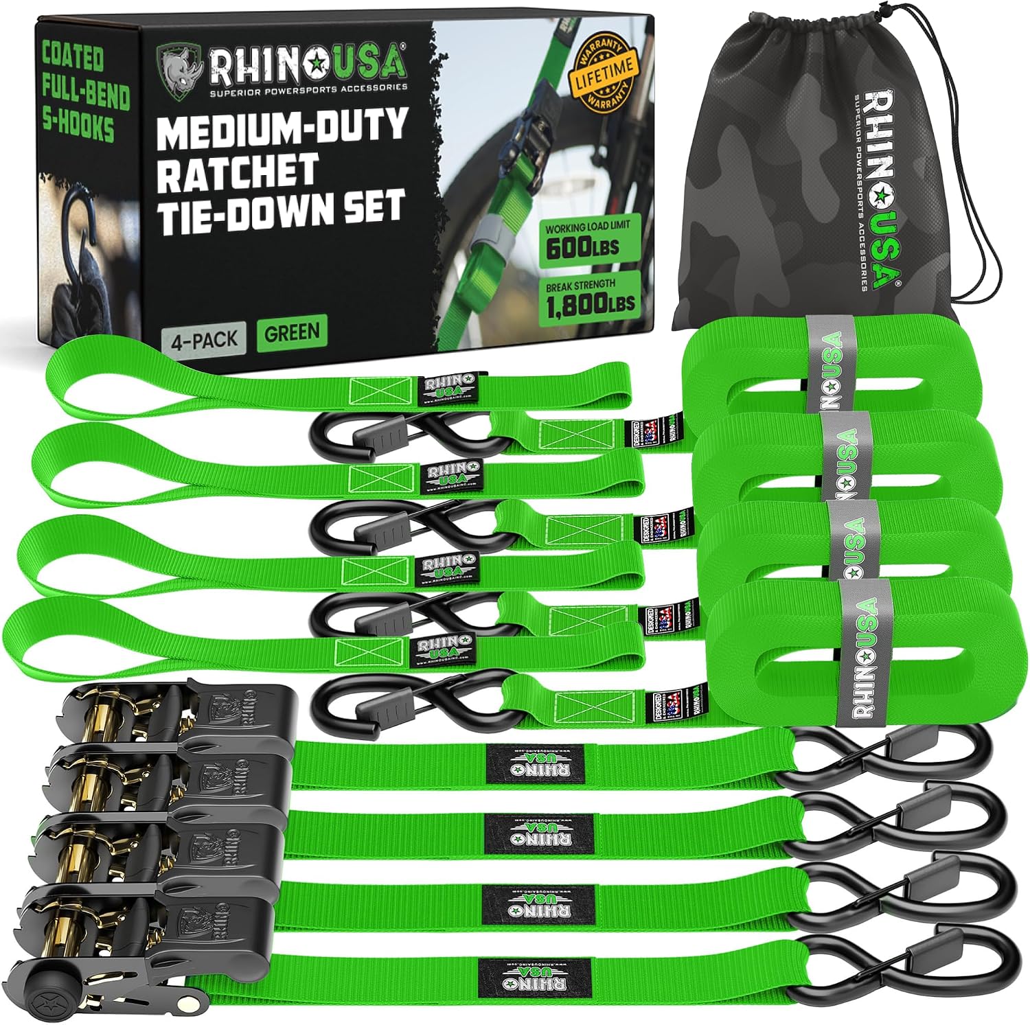 Ratchet Straps Tie Downs (4-Pack) - 1in x 15ft with S Hooks | 1,823lb break strength. Manual ratchet w/ S hooks &