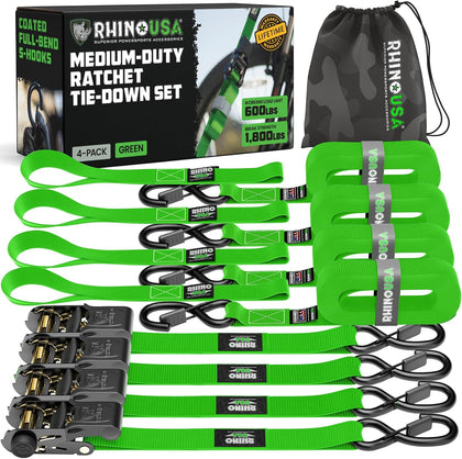 Ratchet Straps Tie Downs (4-Pack) - 1in x 15ft with S Hooks | 1,823lb break strength. Manual ratchet w/ S hooks &
