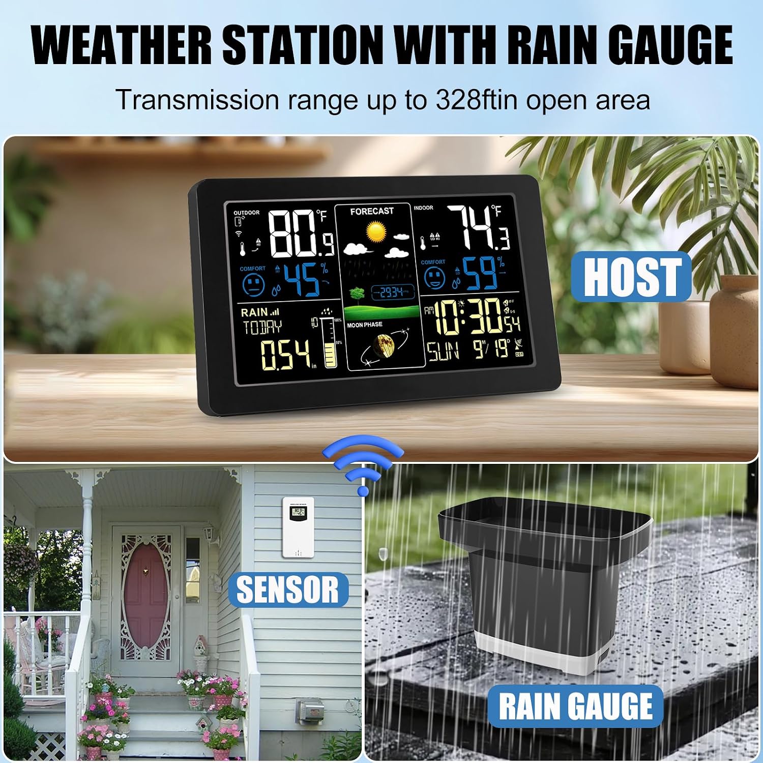 Weather Station with Rain Gauge Outdoor, Home Weather Stations Wireless Indoor Outdoor with Digital Rain Gauges