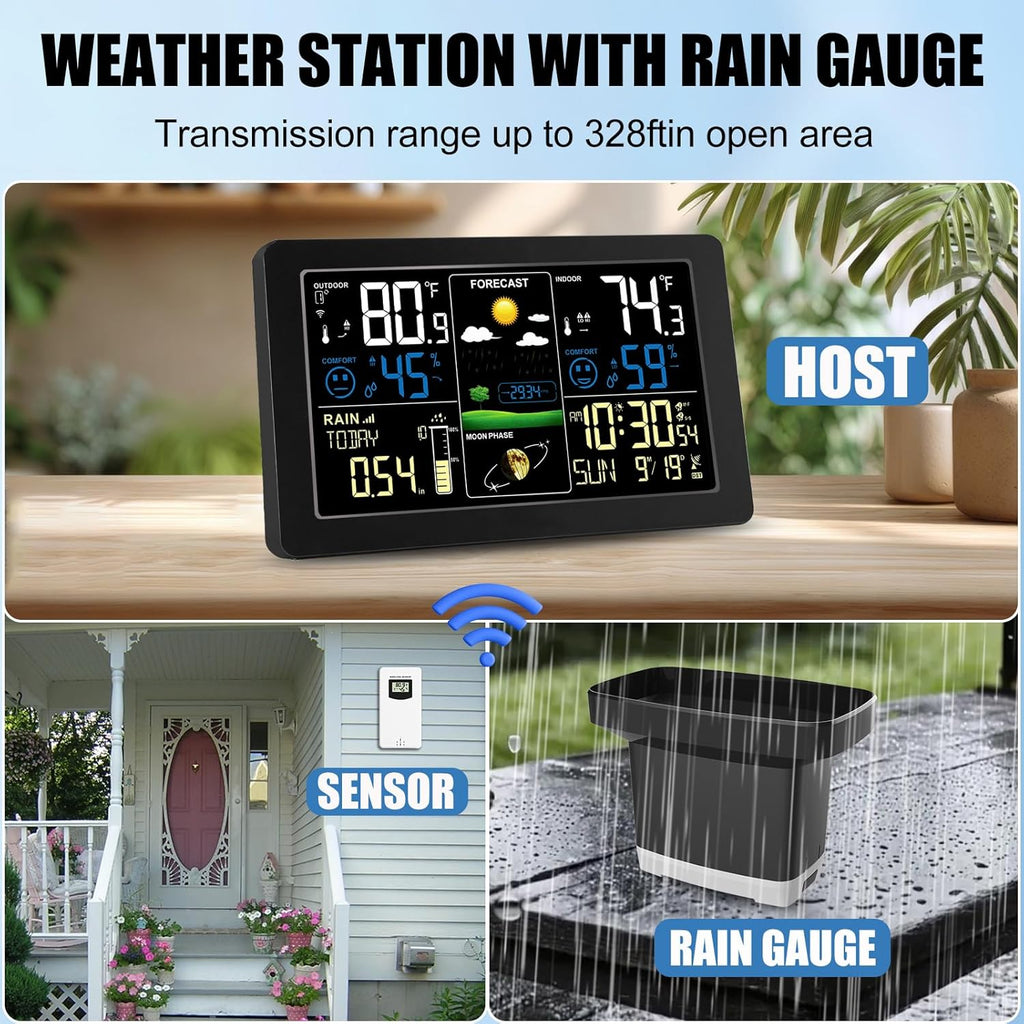 Weather Station with Rain Gauge Outdoor, Home Weather Stations Wireless Indoor Outdoor with Digital Rain Gauges