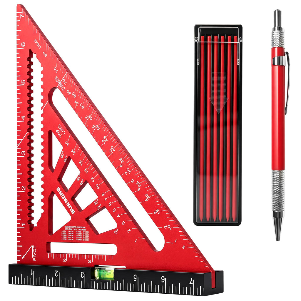 BURMONG 7" Rafter Square with Level Vial, Aluminum Triangle Ruler
