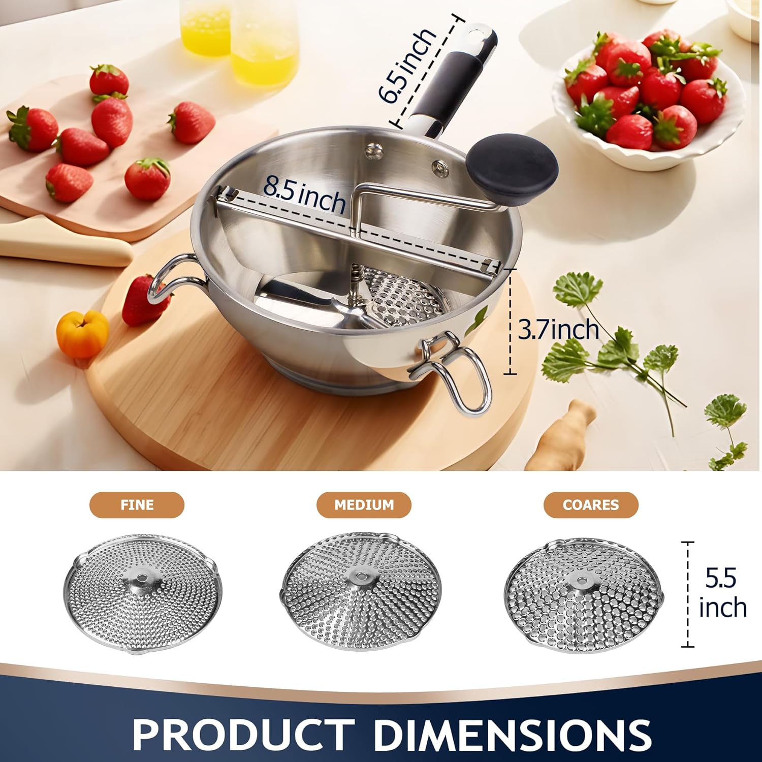 Stainless Steel Food Mills With 3 Milling Discs,Ergonomic design Of Rotary Food Mills For Tomato Sauce,Potatoes,Jams