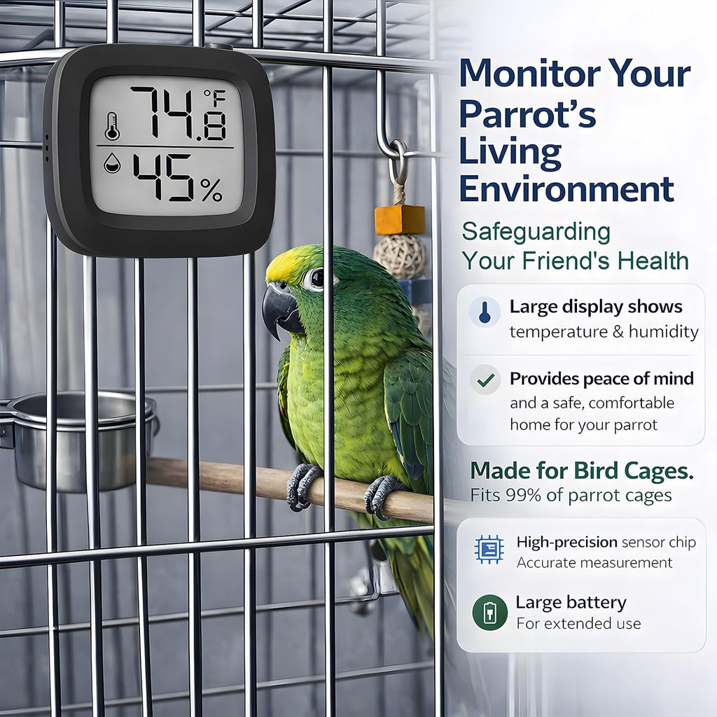 Bird Cage Thermometer,Parrot Cage Hygrometer,Pet Cage Temp Humidity Gauge,Easily Mounts on Cage,Clear Temp &
