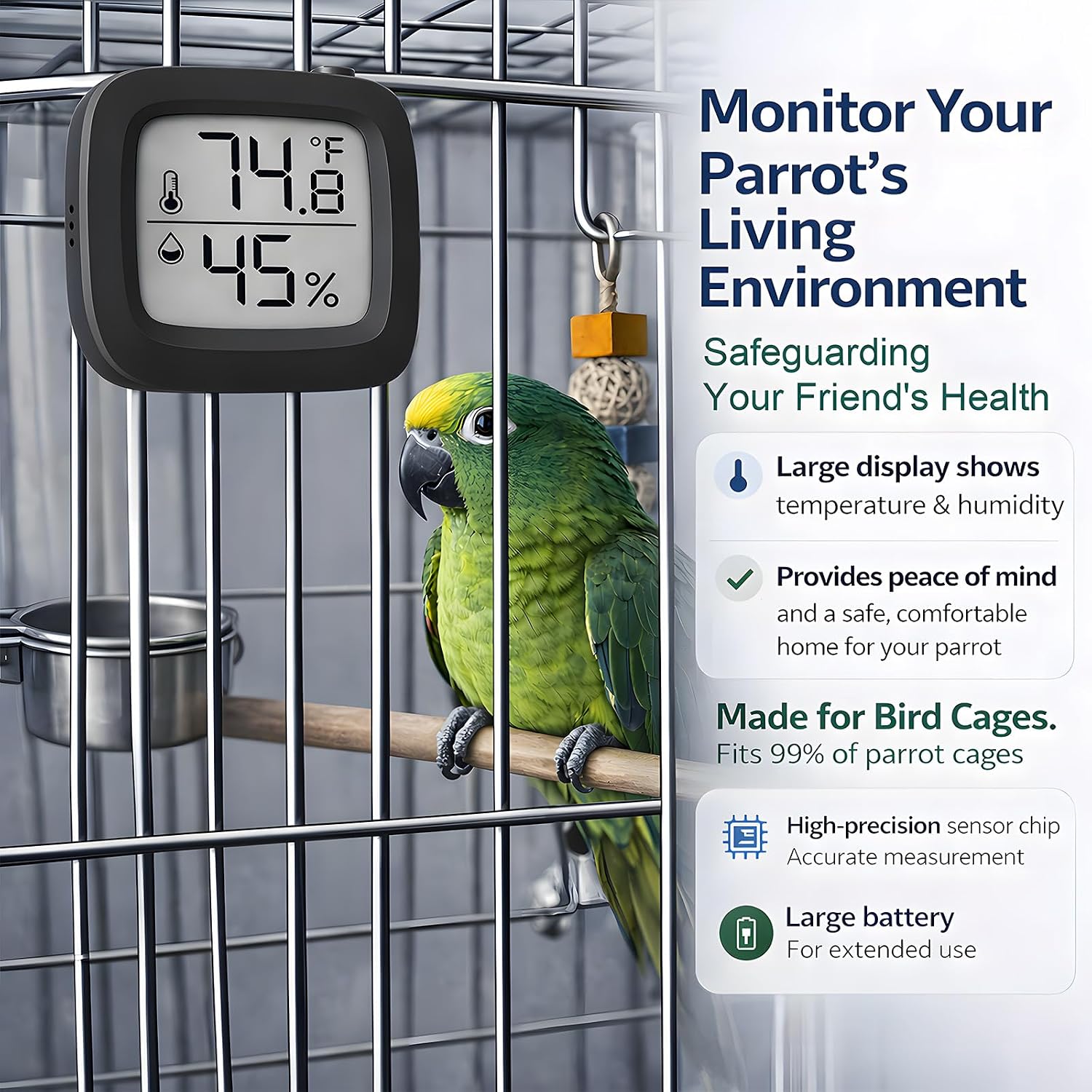 Bird Cage Thermometer,Parrot Cage Hygrometer,Pet Cage Temp Humidity Gauge,Easily Mounts on Cage,Clear Temp &