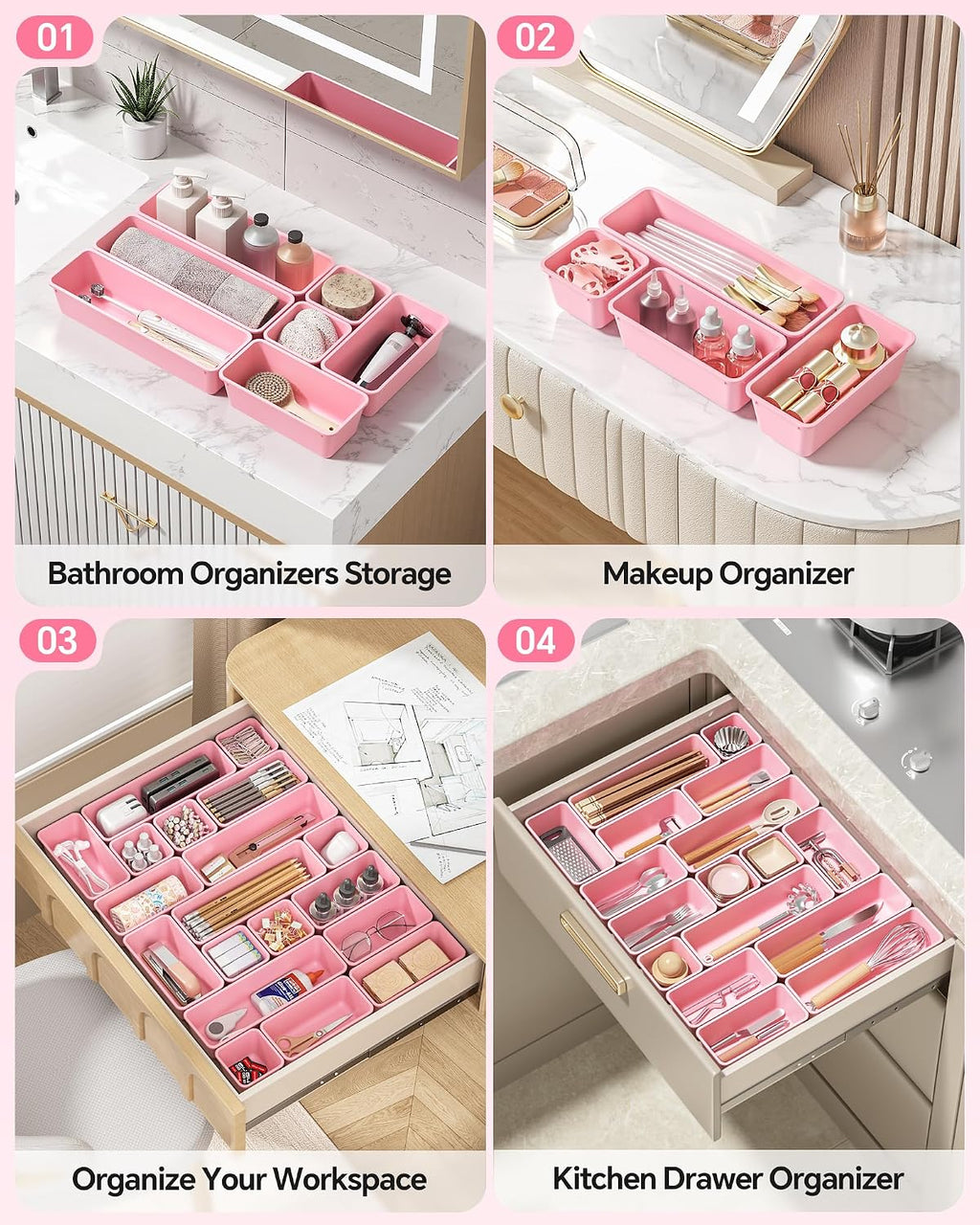 13 Pack Plastic Drawer Organizers Set, 3 Sizes Desk Drawer Organizer Trays for Vanity and Makeup Organizer