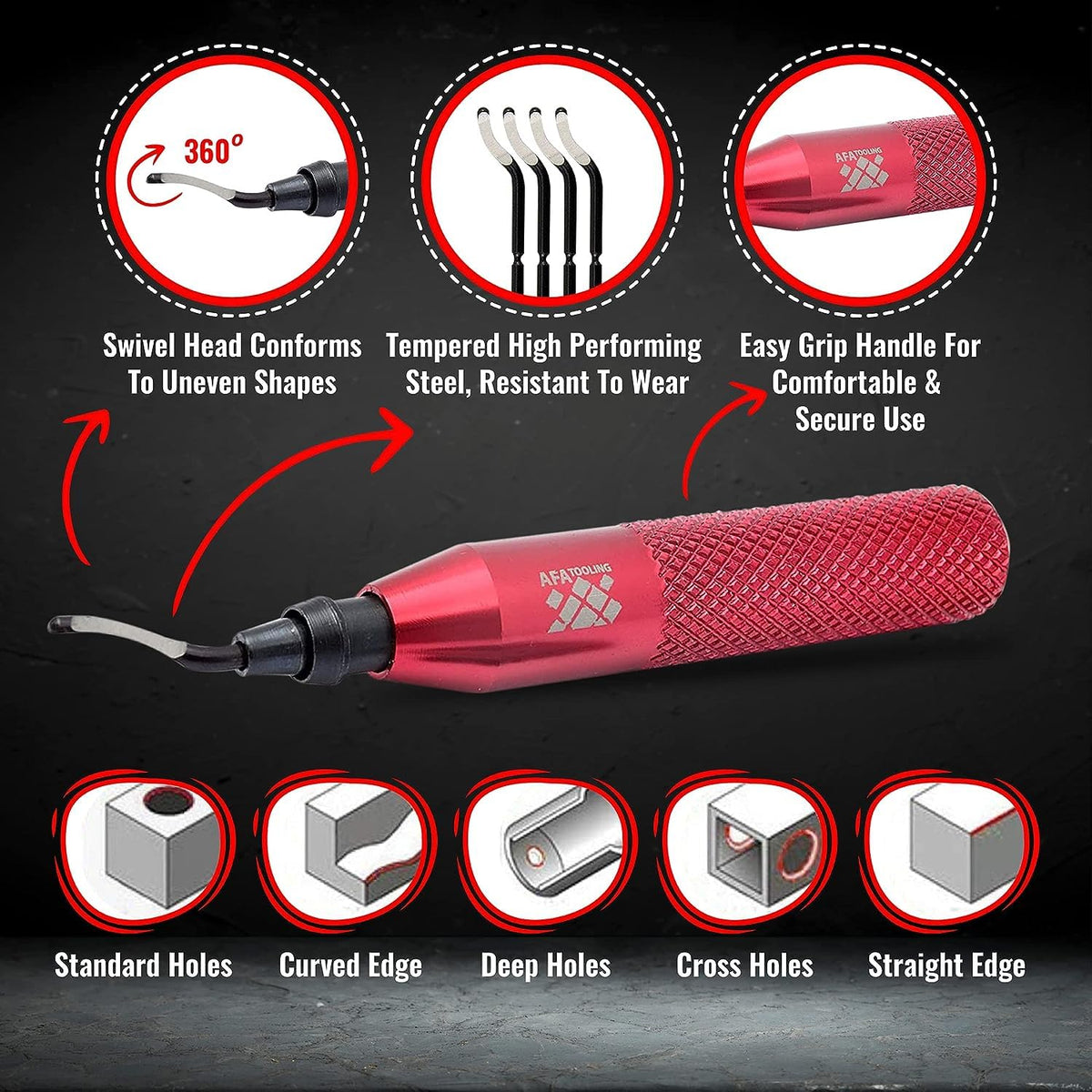 AFA Tooling Deburring Tool, 16 HSS Blades, Red CNC Anodized Aluminum Handle