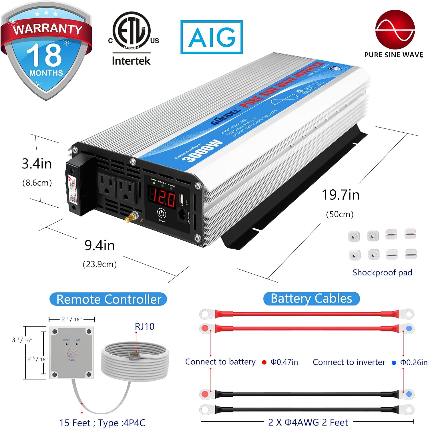 3000Watt Pure Sine Wave Inverter 3000W 12V DC to 110V 120V AC ETL Listed UL458 STD Lithium Battery Compatible with