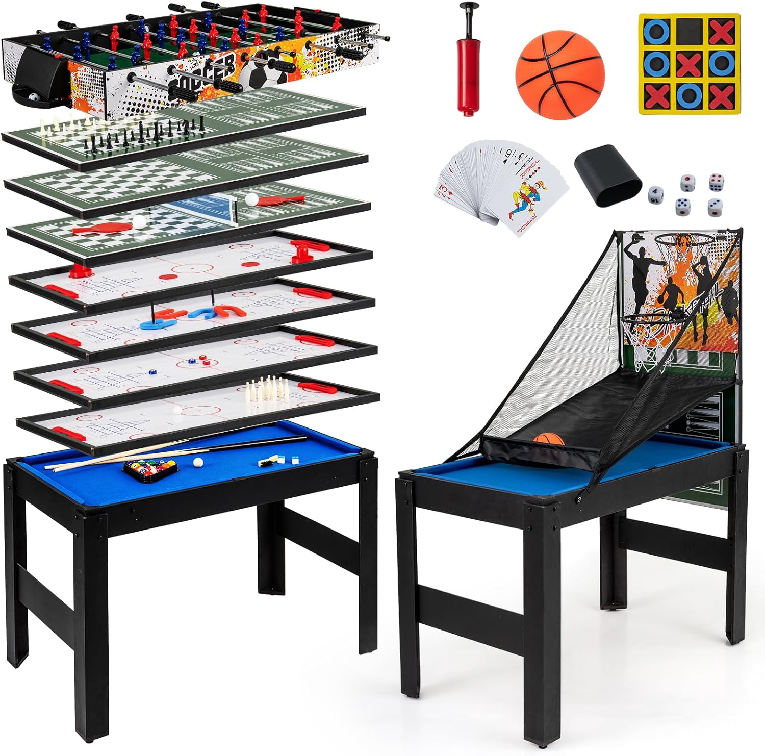 Multi Game Table 48", 14 in 1 Combo Game Table w/Basketball, Billiards, Foosball, Ping Pong, Hockey, Shuffleboard
