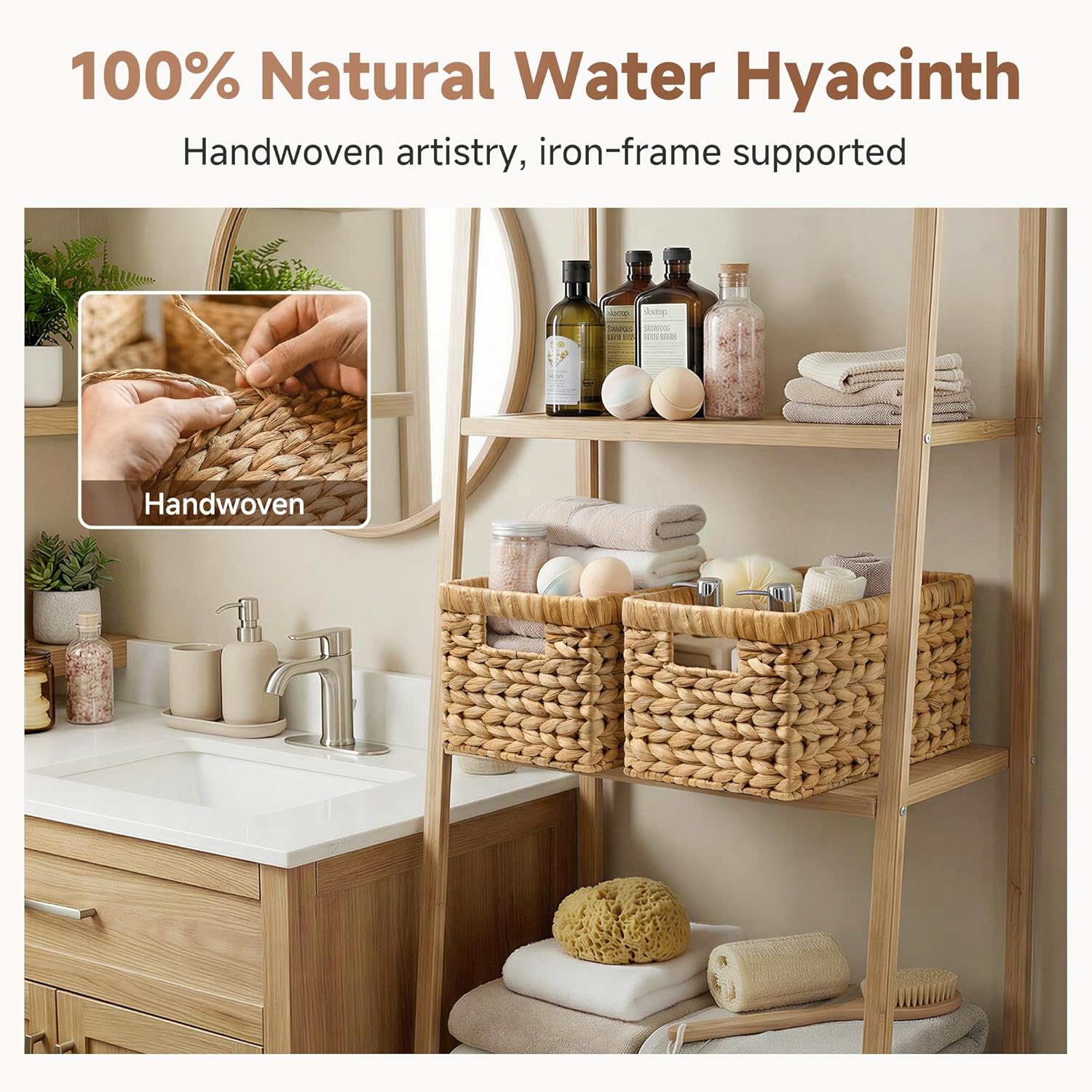 Wicker Basket, Baskets for Organizing, Storage Basket with Built-in Handles, Water Hyacinth Shelves (Medium 2-Pack
