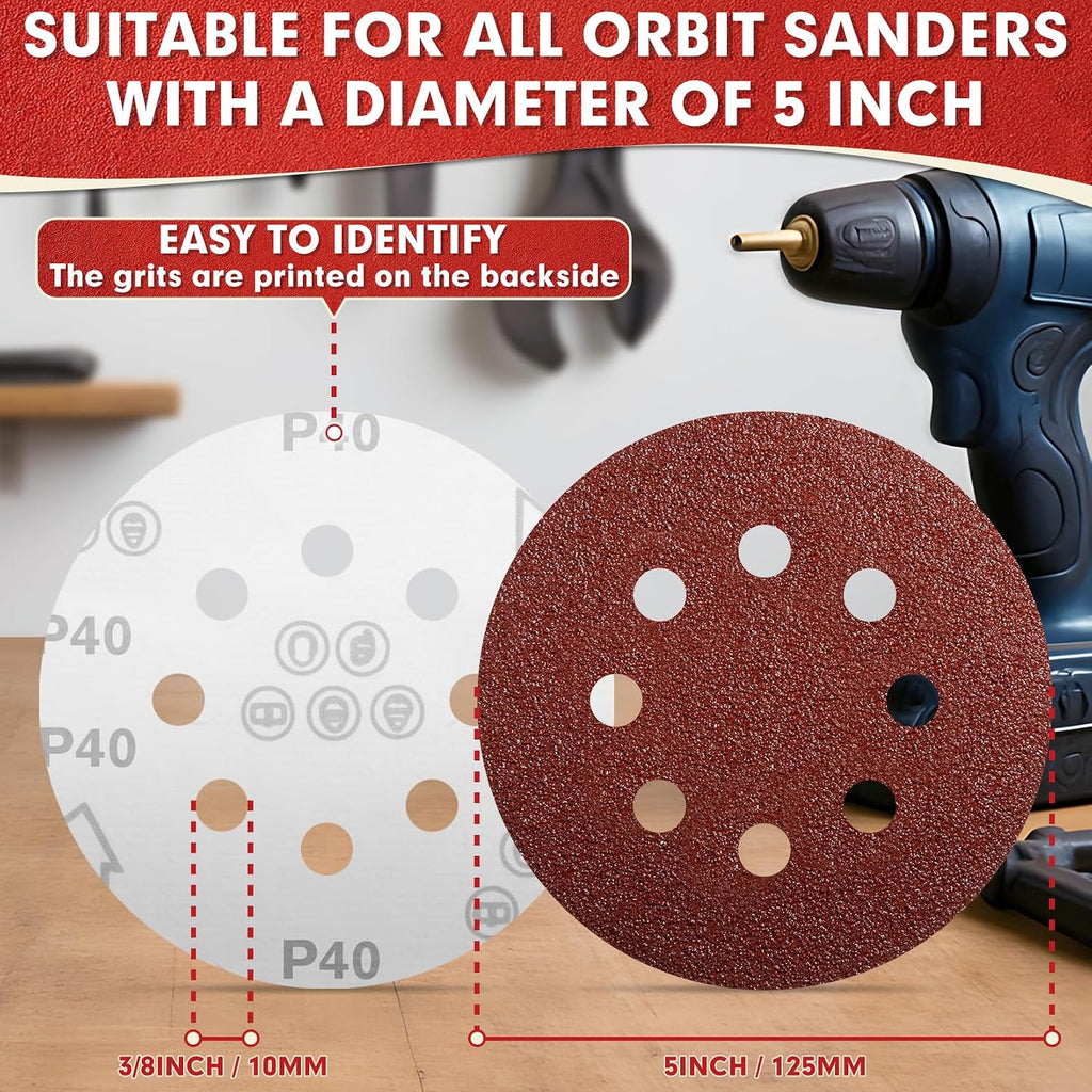 5 Inch Sanding Discs – 180 PCS Sandpaper Assortment for Orbital Sander Pads, Hook & Loop Sanding Pads, Round Sanding