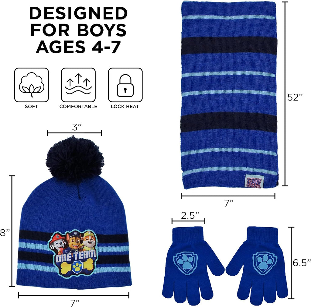 Boys Toddler Winter Hat, Scarf & Mittens Set 2-4 Or Paw Patrol Marshall Hat, Scarves & Kids Gloves Sets 4-7