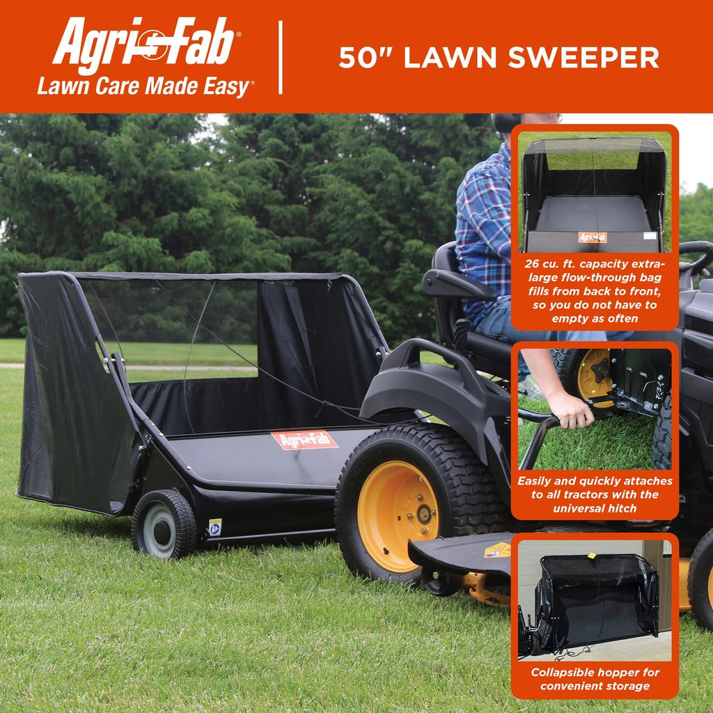 50 in Heavy Duty Tow Behind Lawn Sweeper with 26 Cu Ft Hopper and Adjustable Brush Height