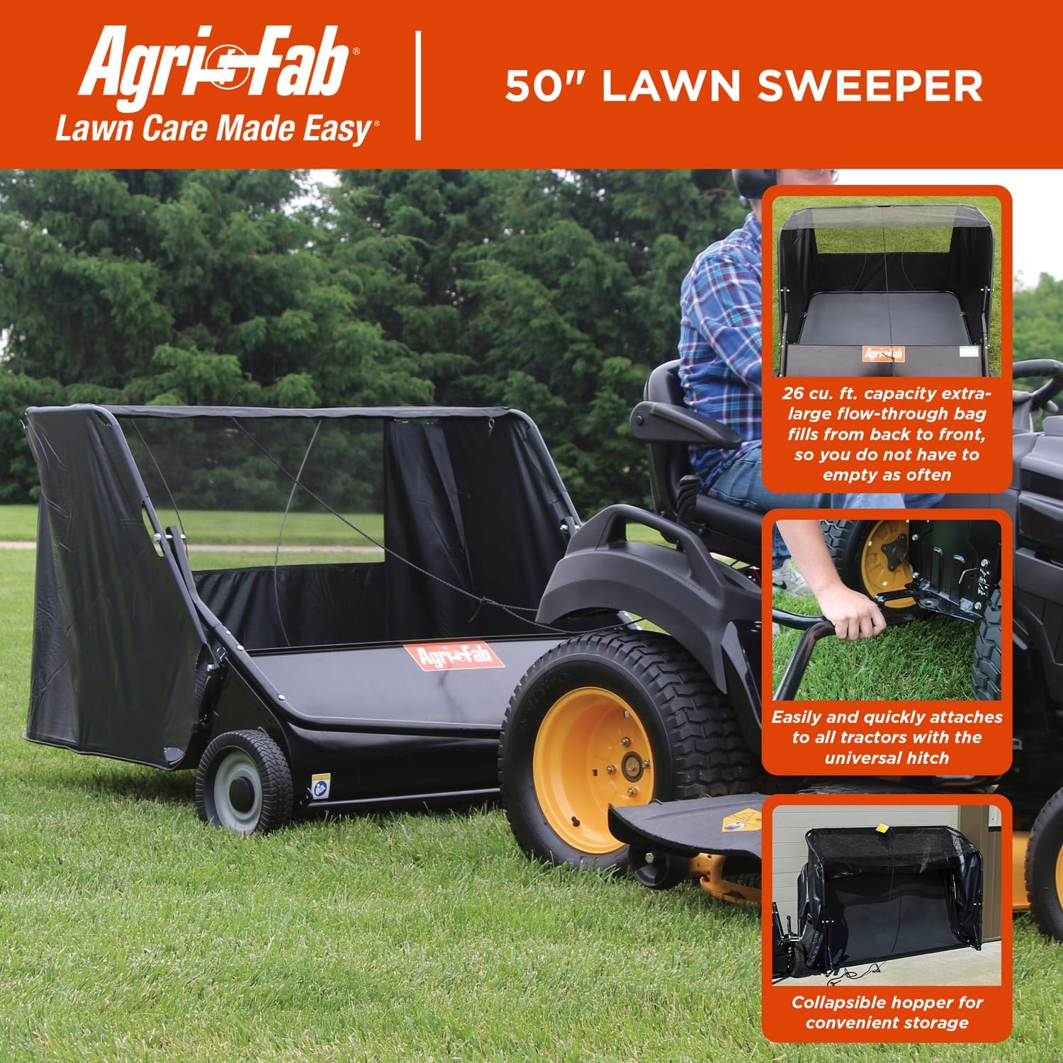 50 in Heavy Duty Tow Behind Lawn Sweeper with 26 Cu Ft Hopper and Adjustable Brush Height