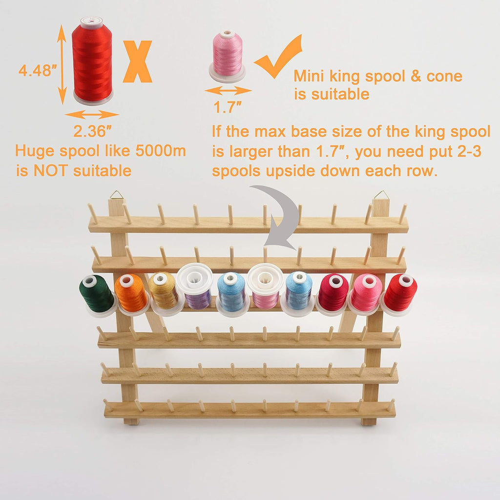 60 Spools Wooden Thread Rack | Thread Holder Organizer, with Hanging Hooks, Large Space, Used for Embroidery Quilting