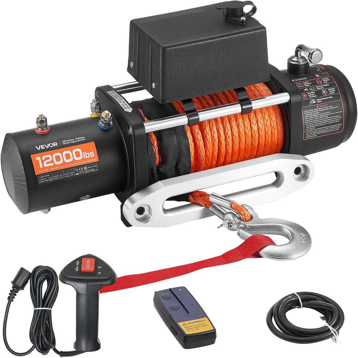 Electric Winch, 12000 lbs Load Capacity, 12V DC Truck Winch with Φ0.36 in x 75.5 ft Synthetic Rope, Wireless & Wired